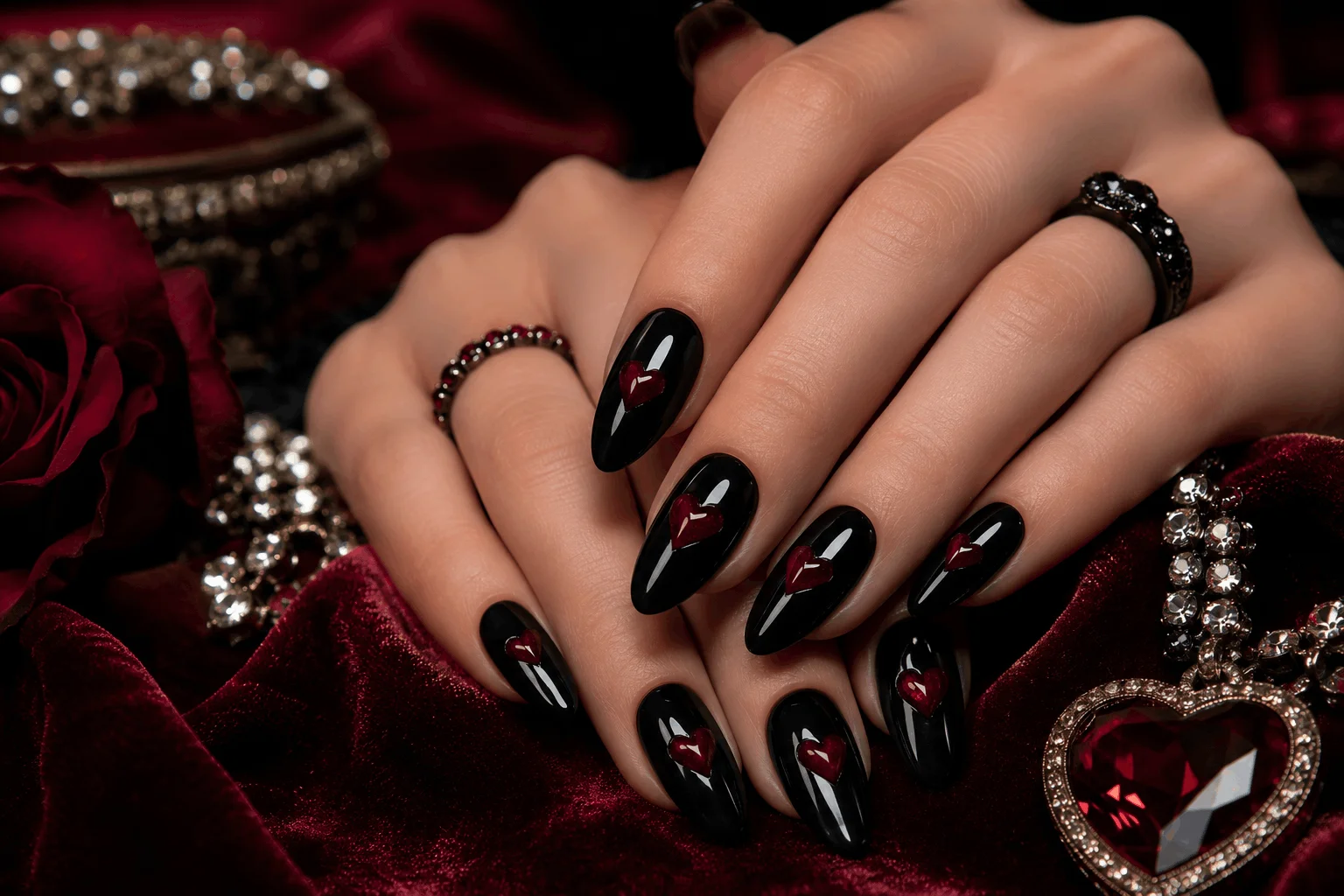10 Romantic Gothic Nails for a Bold Valentine Statement 3 Black and crimson gothic heart nails design