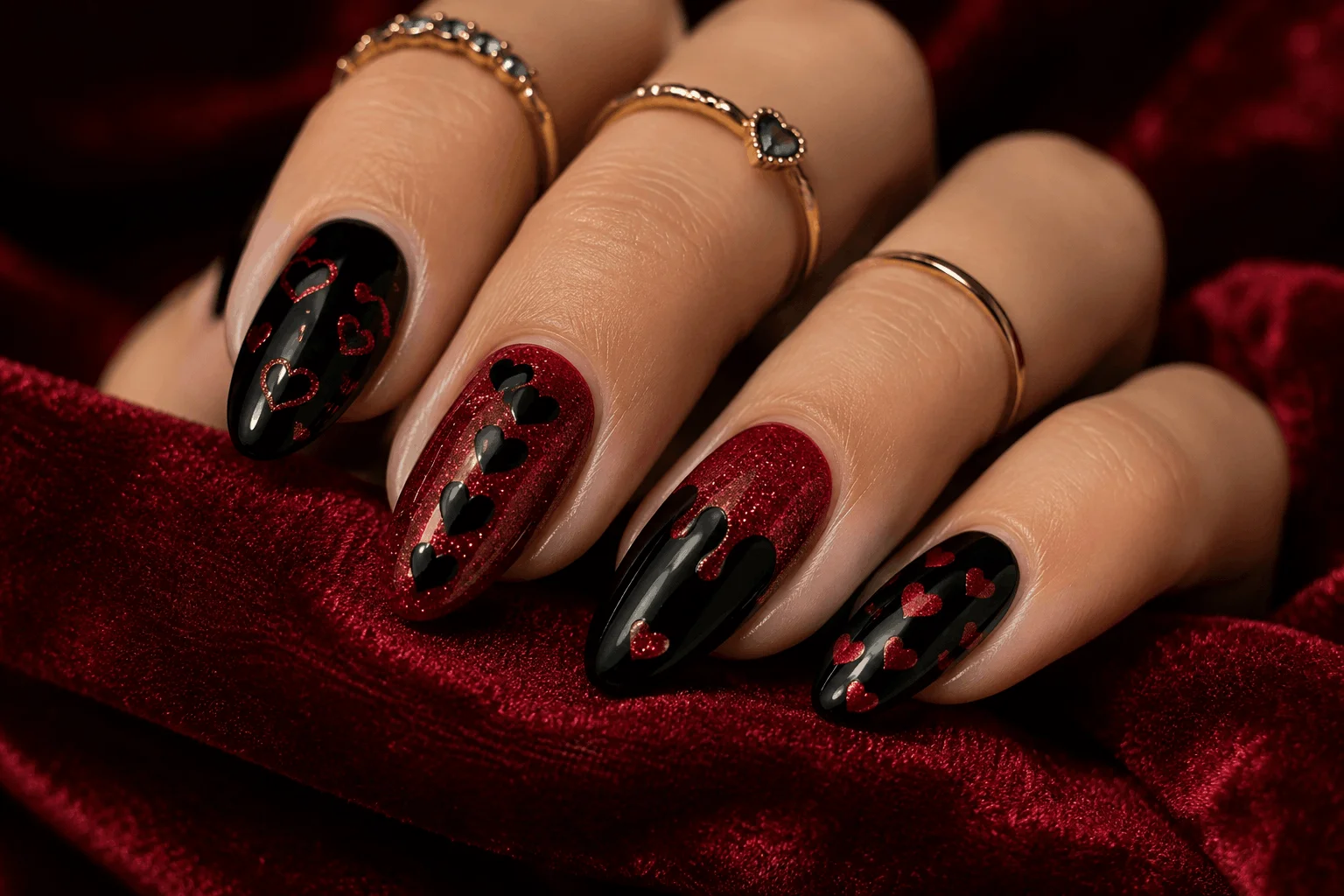 11 Dark Valentines Nails That Are Bold & Romantic 4 Black and red Valentine's nail design with romantic hearts