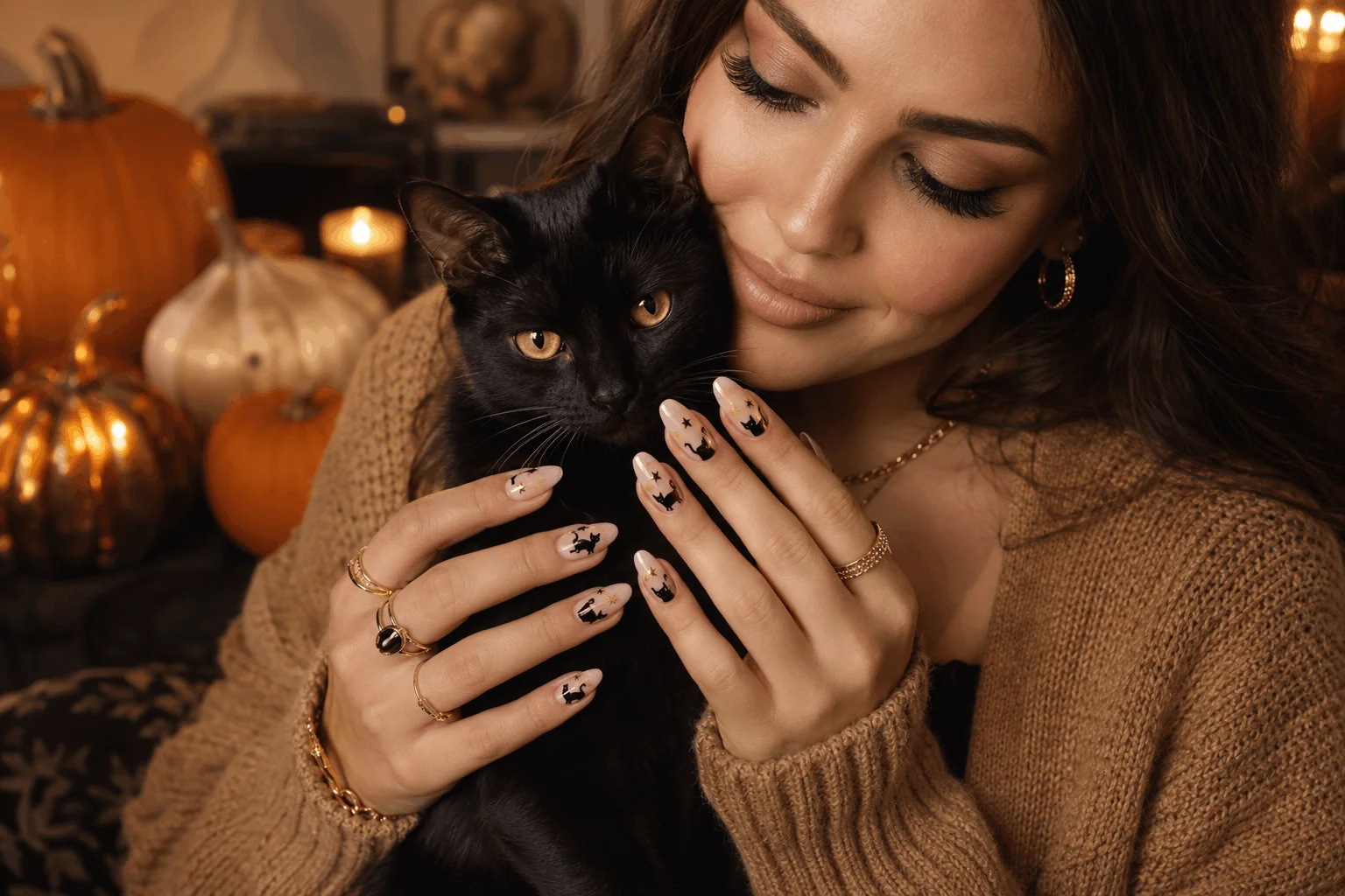 10 Halloween Nails Too Cute to Miss This Year 6 Black cat silhouette Halloween nails on nude manicure.