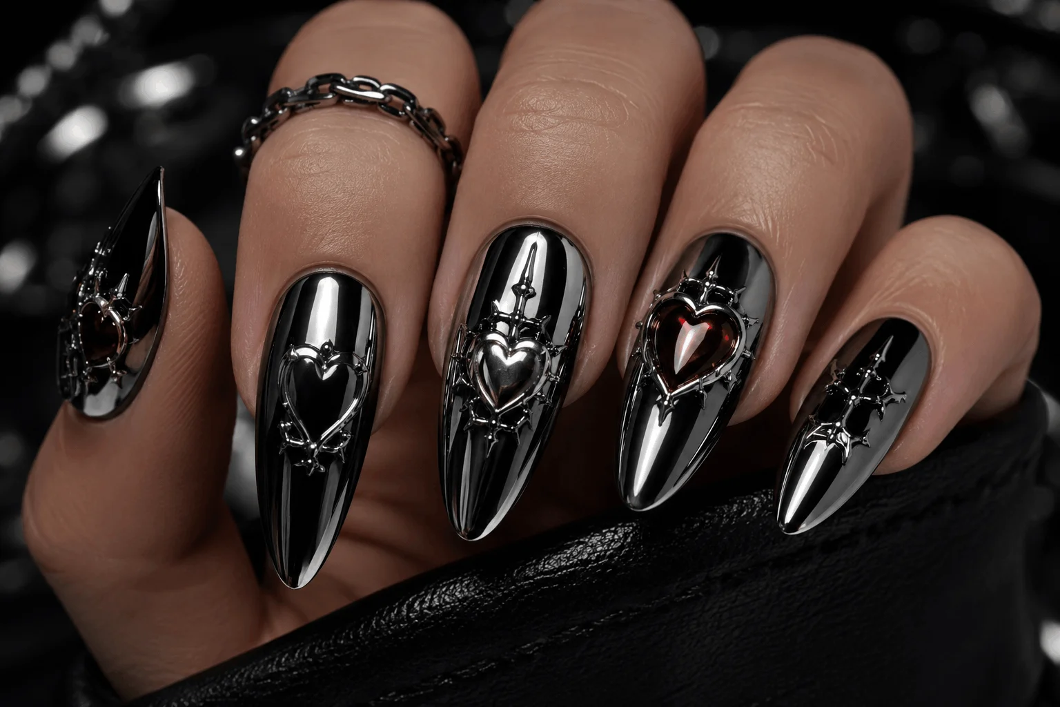 10 Romantic Gothic Nails for a Bold Valentine Statement 8 Black chrome gothic heart nails