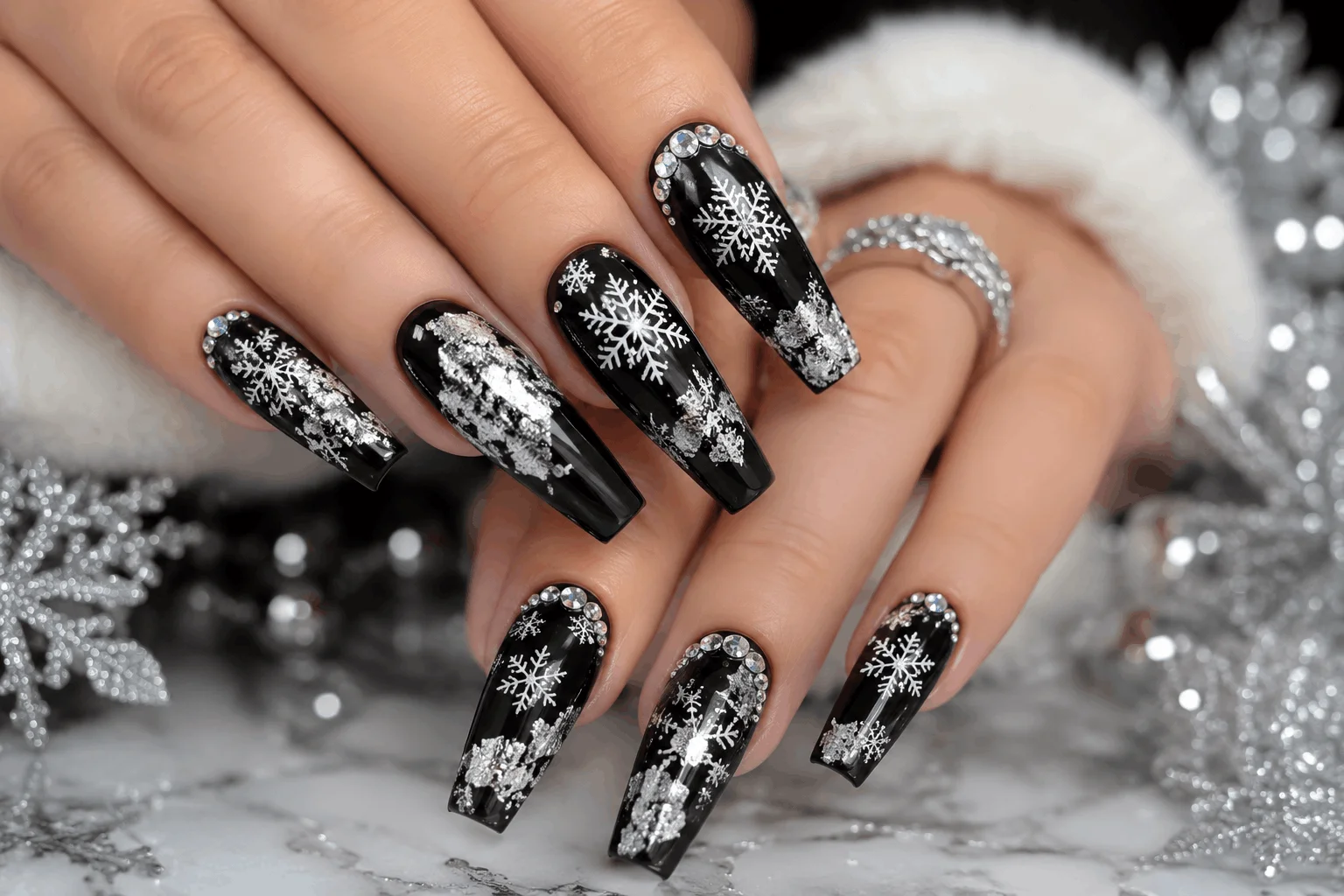 12 Black Winter Nails That Are Stunning This Season 10 Black coffin nails decorated with winter-inspired details