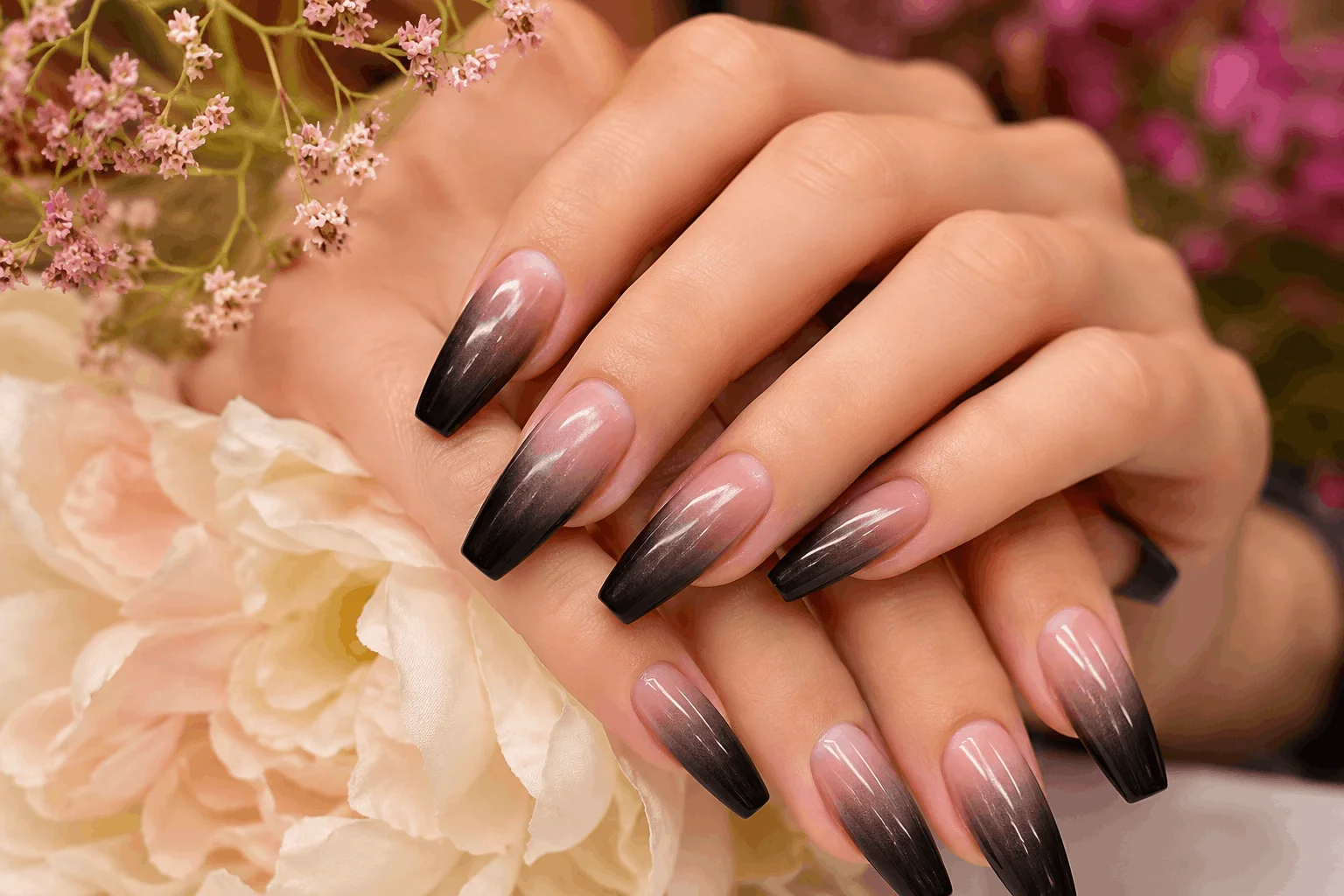 10 Black Coffin Nails That Make a Bold Statement 7 Black ombre coffin nails fading into nude tones
