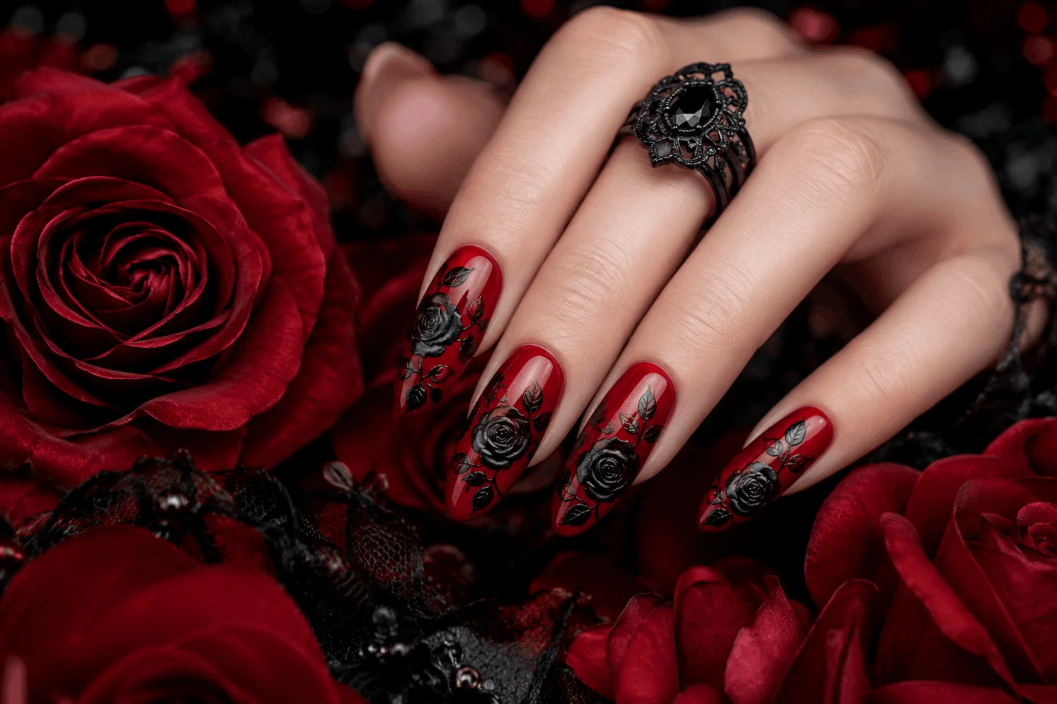 11 Dark Valentines Nails That Are Bold & Romantic 11 Black rose nail art for dark Valentine's nails