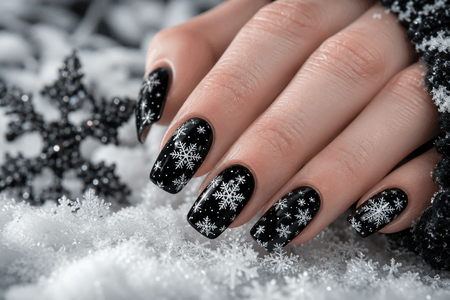 12 Black Winter Nails That Are Stunning This Season 5 Black snowflake nails featuring delicate winter artwork