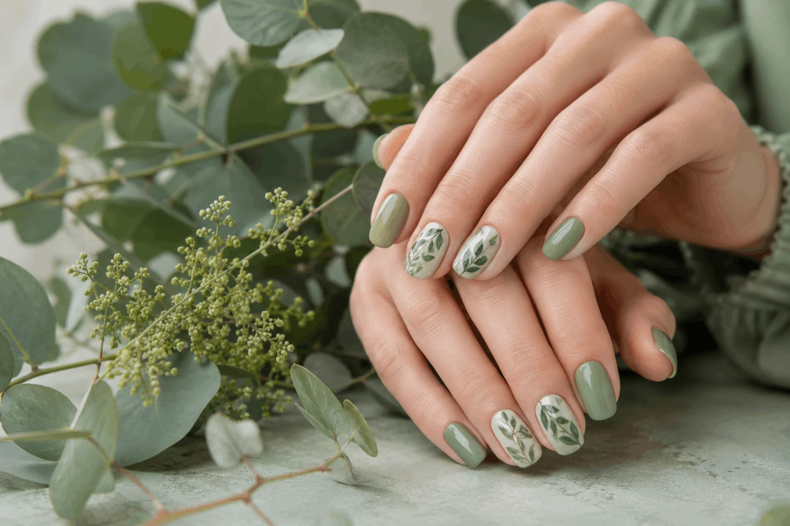 11 Spring Nail Ideas for a Fresh Seasonal Look 7 Botanical green spring manicure