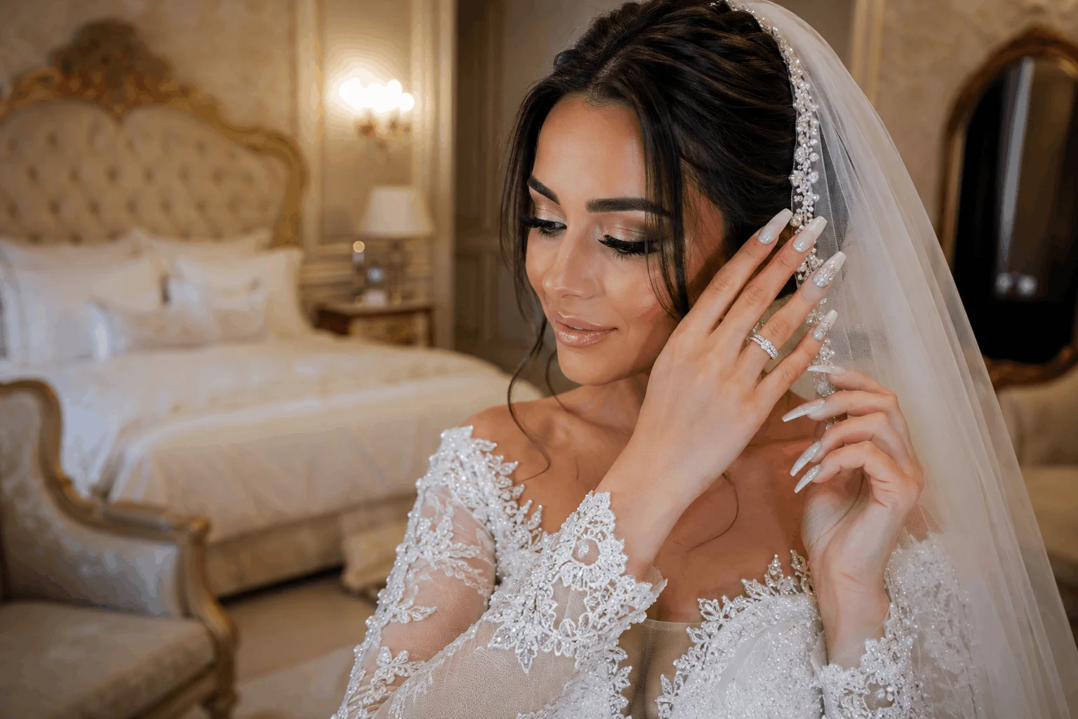 11 Stunning Wedding Nails for Bride to Copy Today 8 Bridal acrylic nails with crystal details