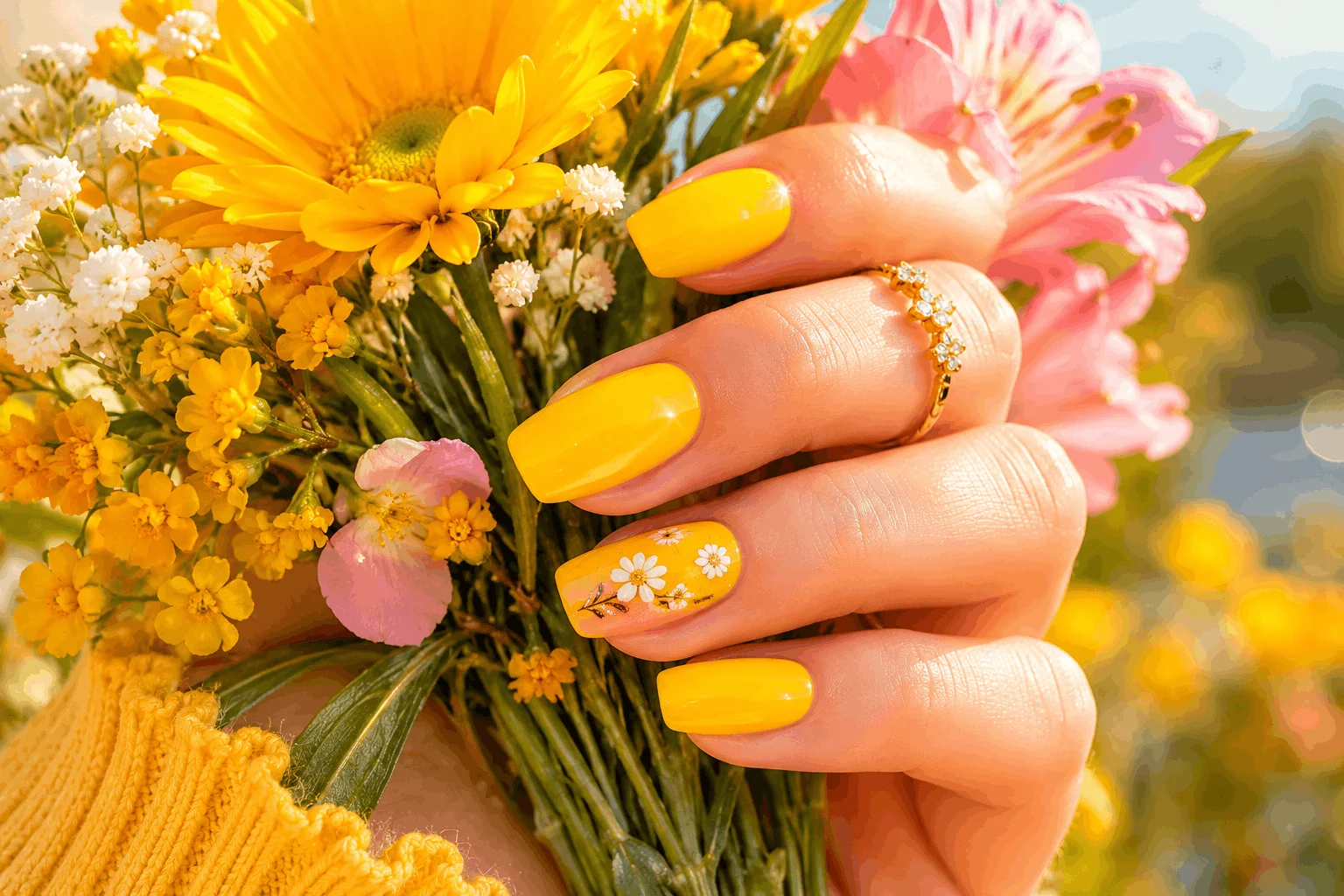 9 Yellow Spring Nails That Are Perfect for Sunny Days 4 Bright sunshine yellow nails in outdoor spring setting