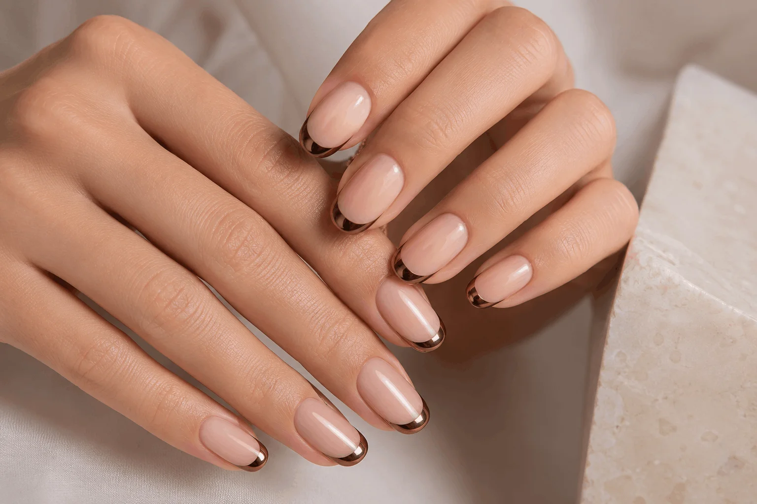 10 Brown Chrome Nails Everyone Will Save This Year 7 Brown chrome French tip manicure on nude nails