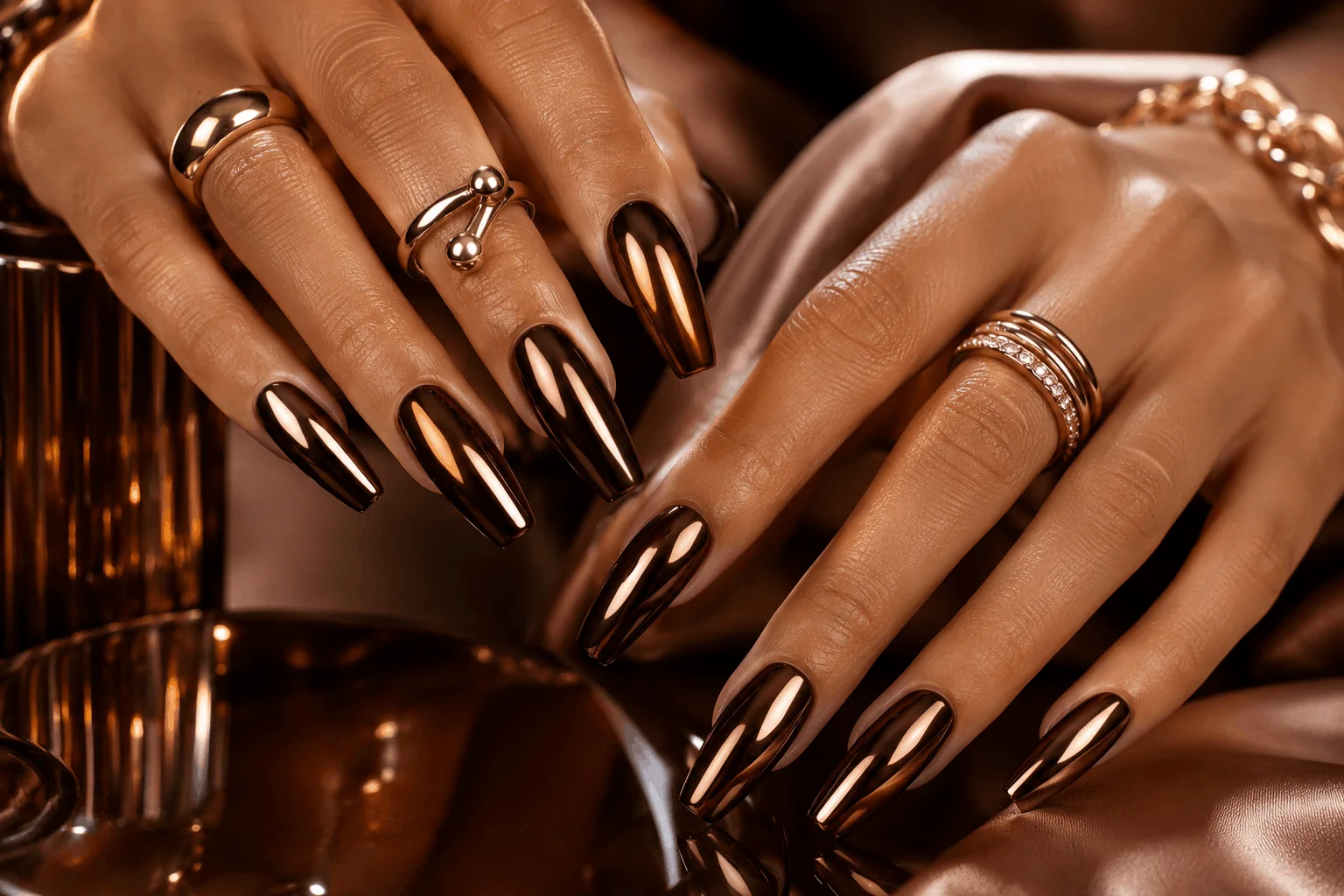 10 Brown Acrylic Nails Everyone Will Save in 2026 8 Brown chrome acrylic nails with reflective metallic finish