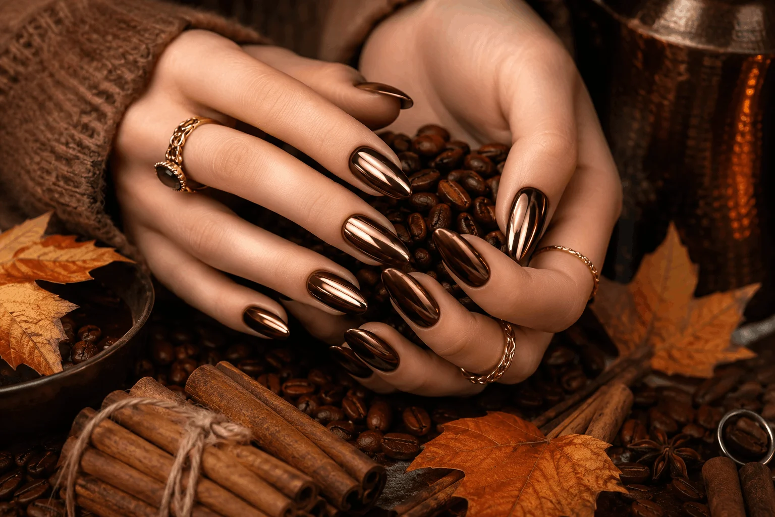 12 Fall Gel Nails That Make Autumn Look So Chic 3 Brown chrome gel nails with glossy metallic finish.
