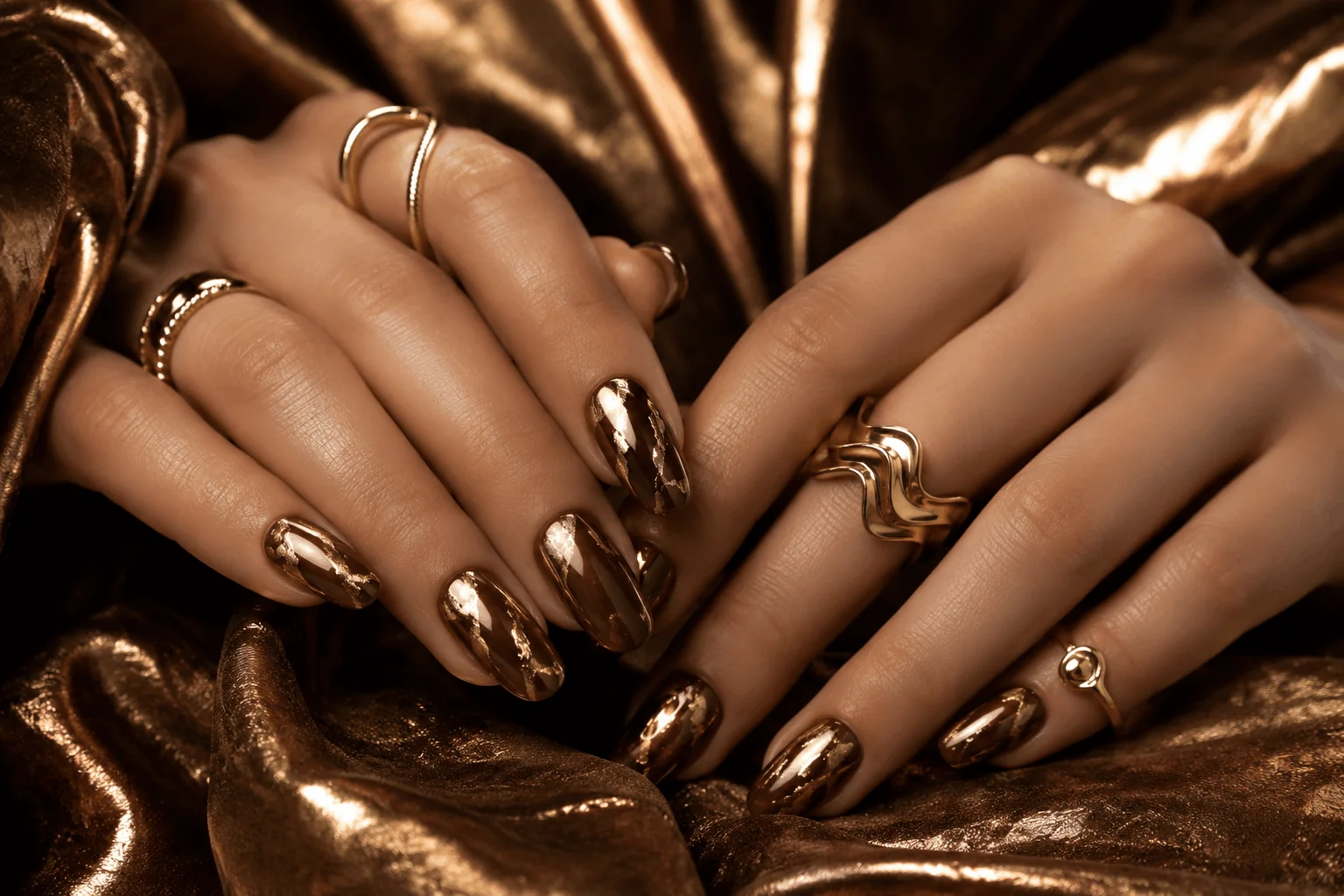 10 Brown Chrome Nails Everyone Will Save This Year 9 Brown chrome nails with elegant gold accents