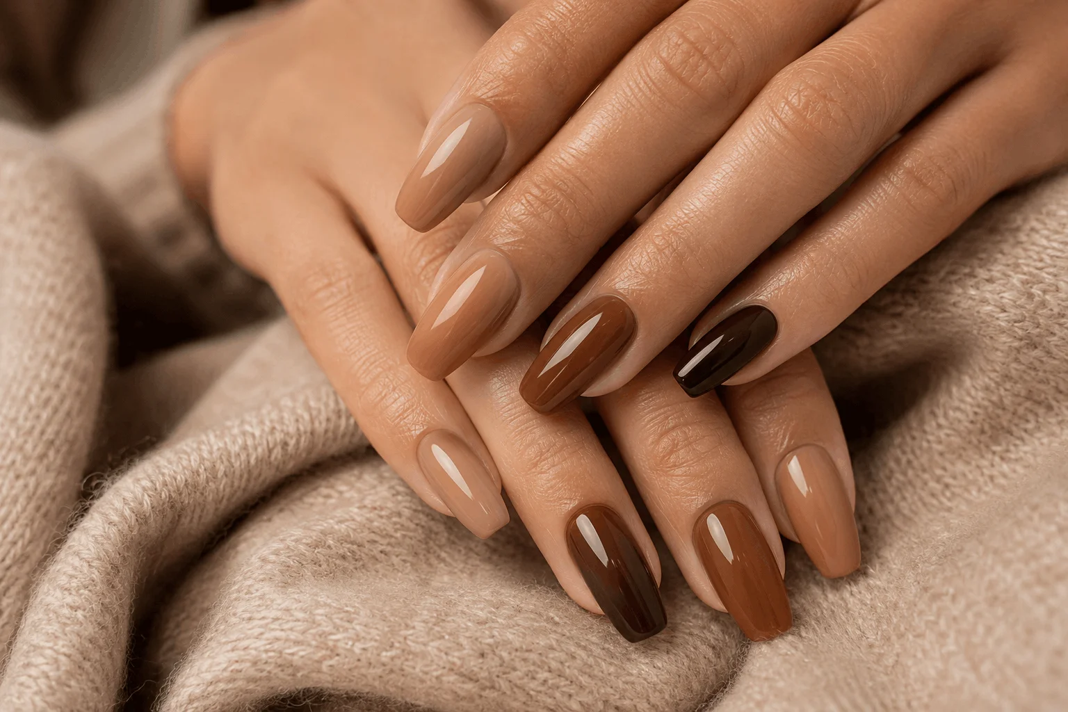 10 Brown Acrylic Nails Everyone Will Save in 2026 9 Brown ombre acrylic nails with caramel and chocolate gradient