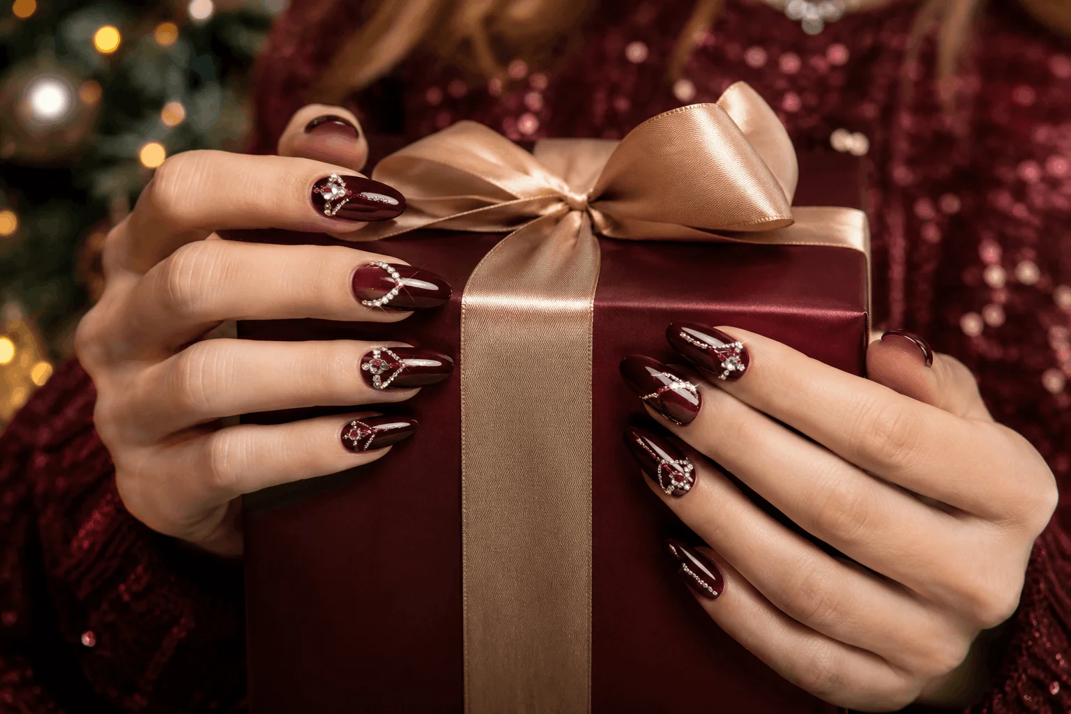 10 Nail Designs for Christmas That Look So Luxe 6 Burgundy Christmas nails featuring sparkling crystal details