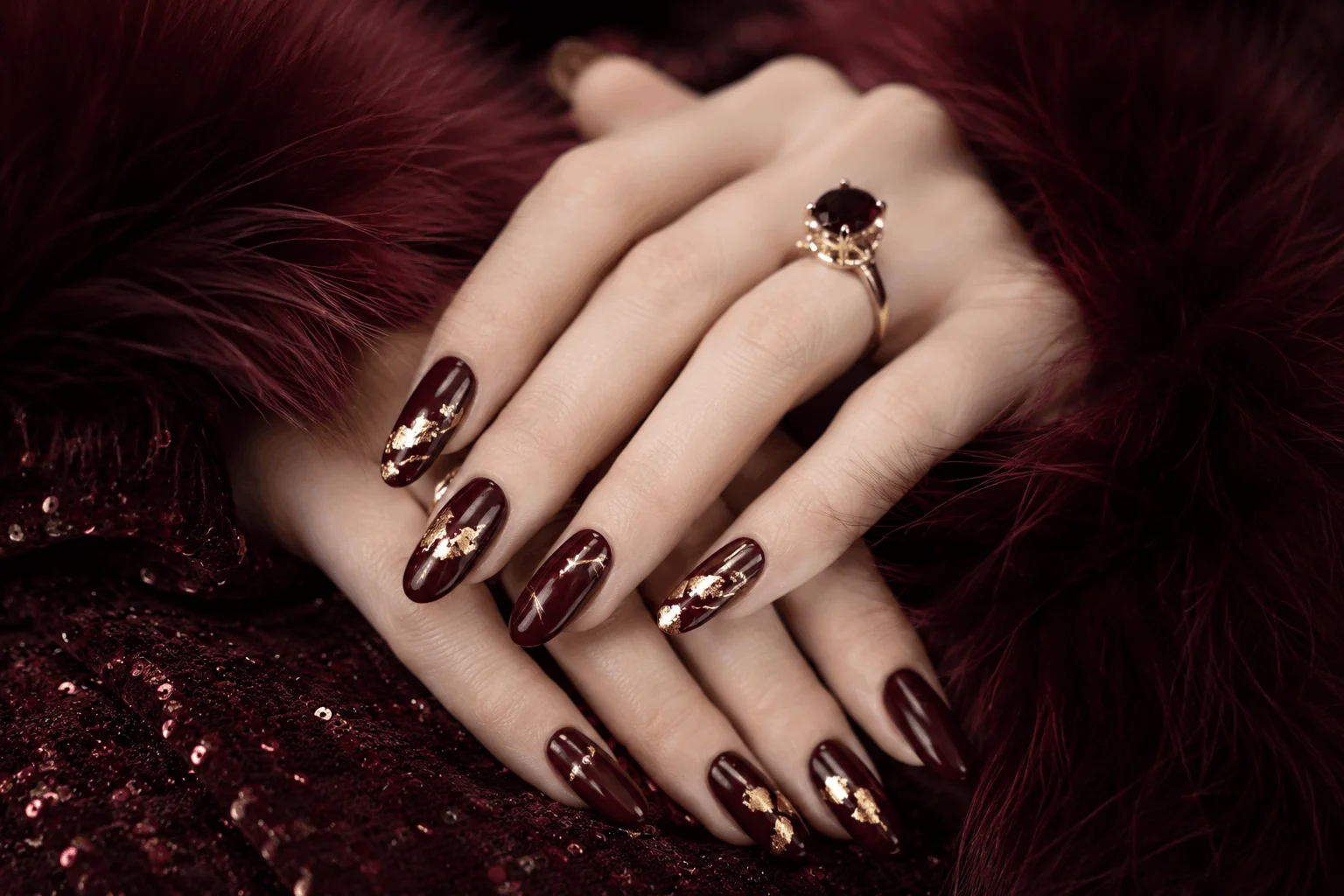 10 Winter Acrylic Nail Designs You'll Want This Season 9 Burgundy and gold glamorous winter nails