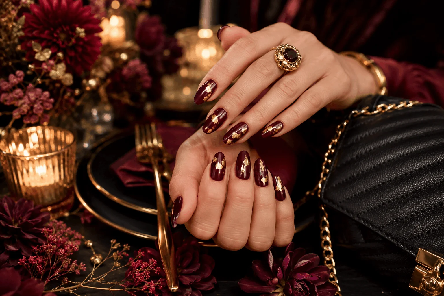 12 Fall Gel Nails That Make Autumn Look So Chic 5 Burgundy gel nails with elegant gold foil accents.