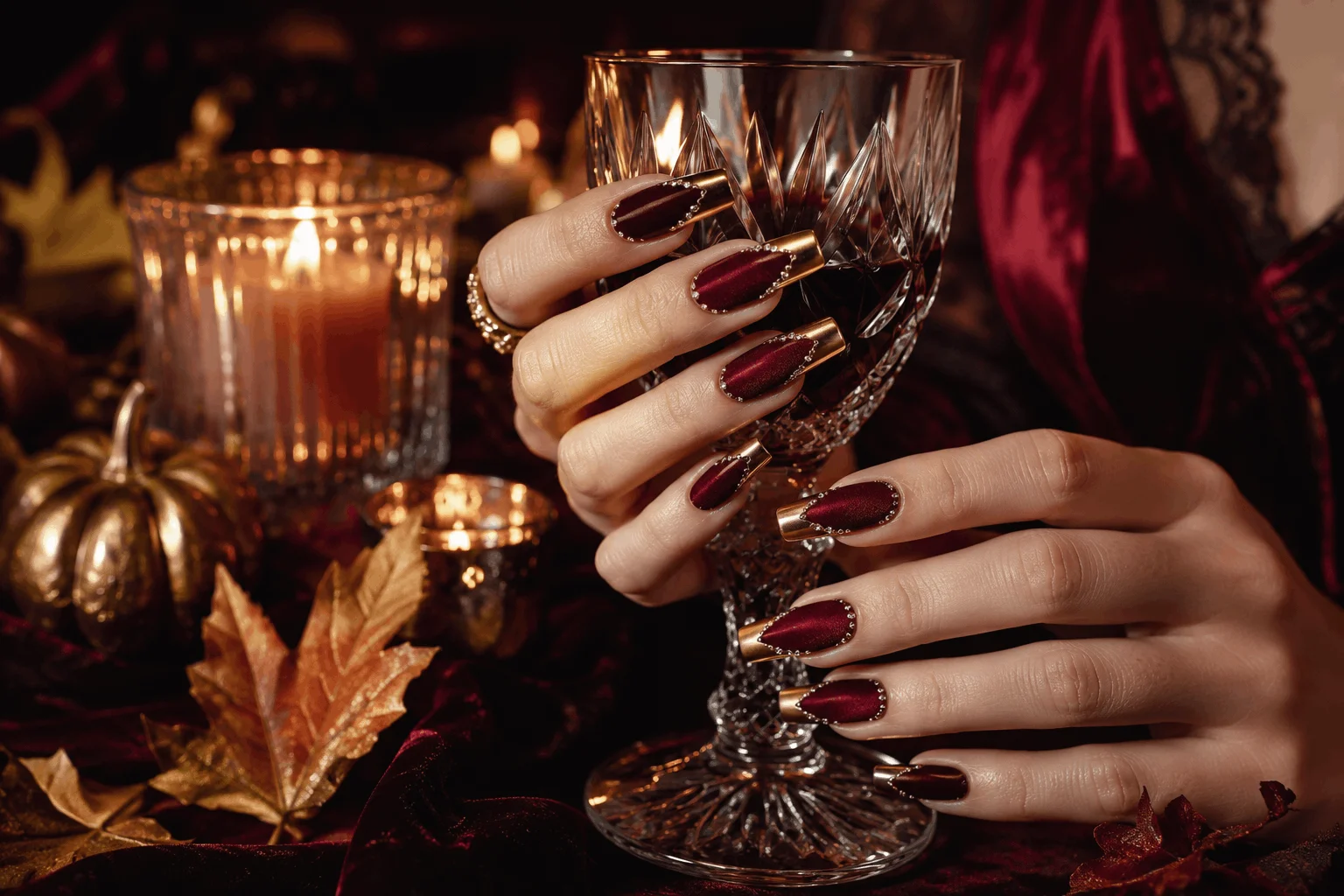 10 Fall Nail Designs Everyone Will Want to Copy 4 Burgundy velvet fall manicure with gold chrome details.