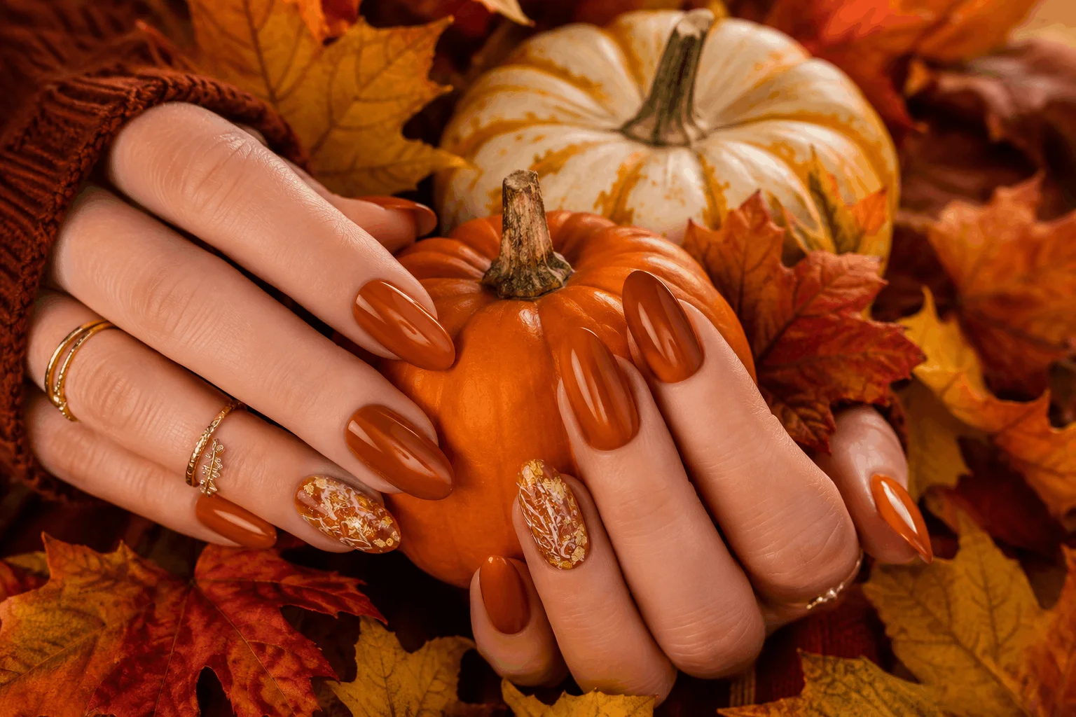12 Fall Gel Nails That Make Autumn Look So Chic 4 Burnt orange fall gel nails with gold leaf nail art.