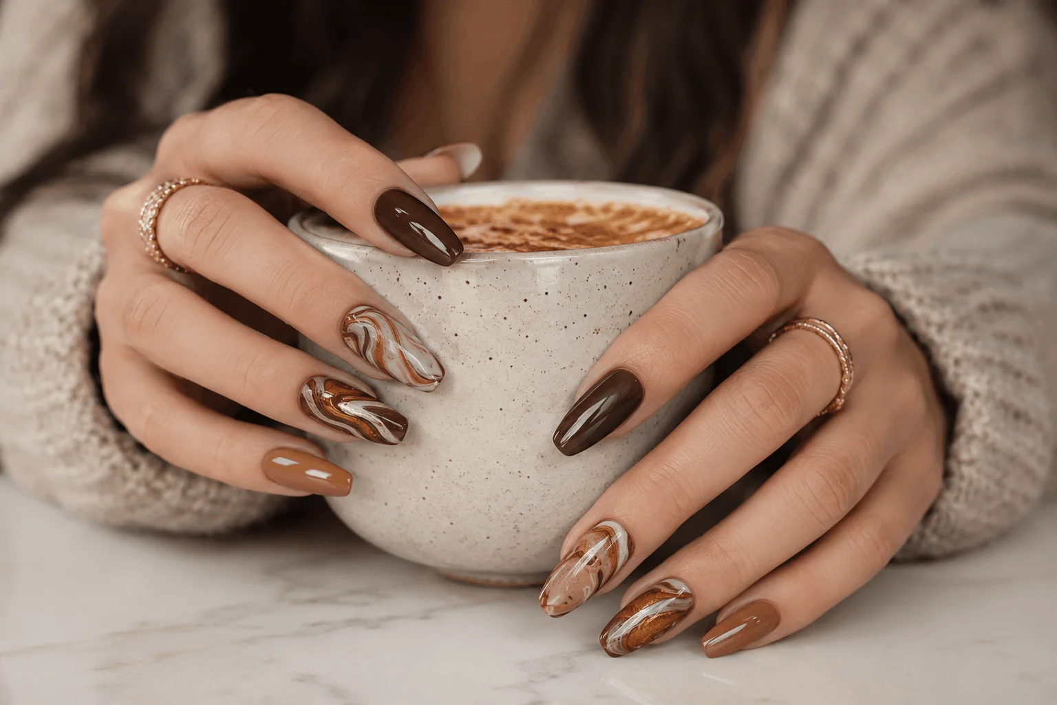 10 Brown Acrylic Nails Everyone Will Save in 2026 6 Caramel swirl brown nail art on acrylic nails