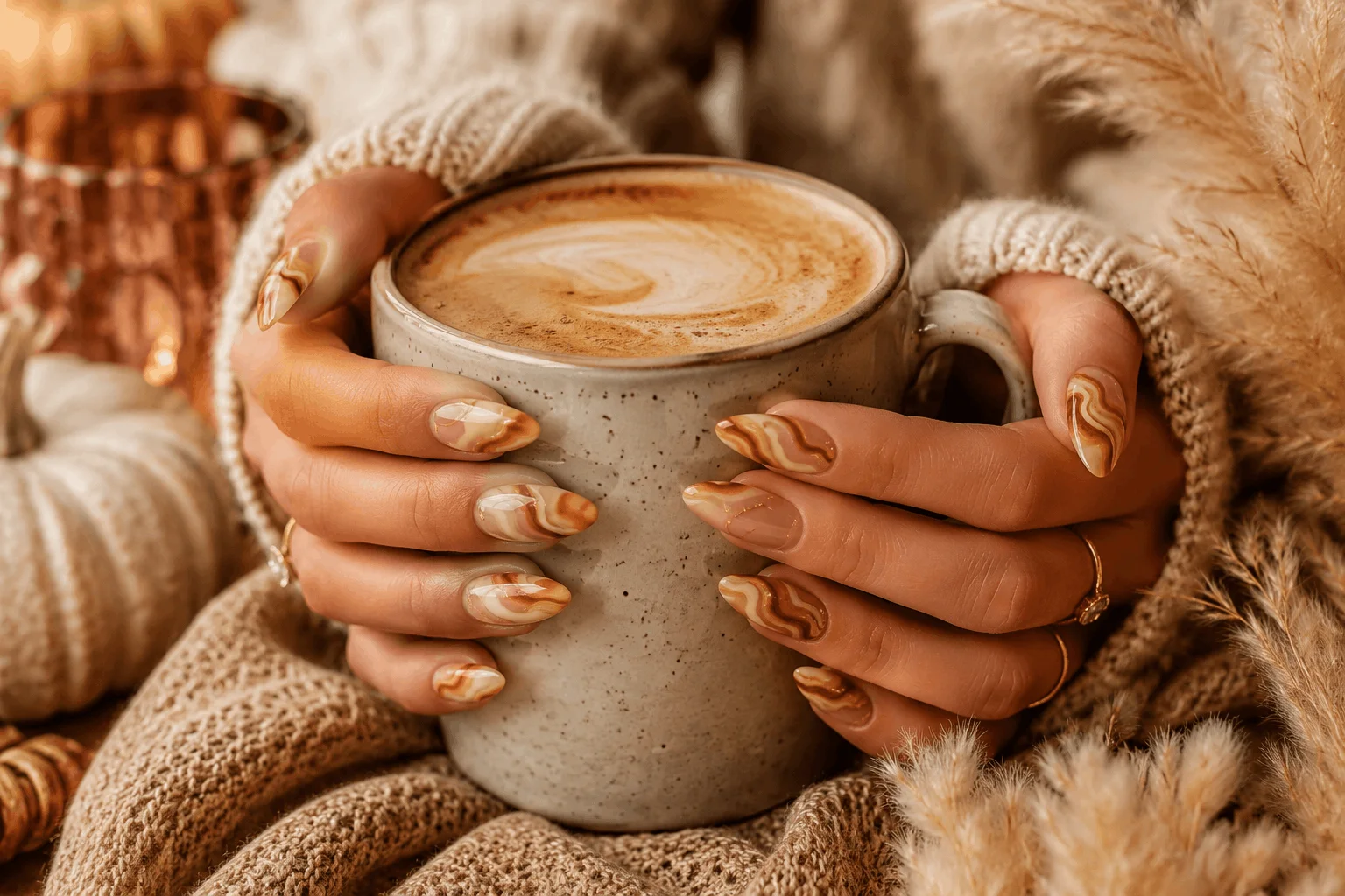 10 Fall Nail Designs Everyone Will Want to Copy 6 Caramel swirl fall nails with marble effect.