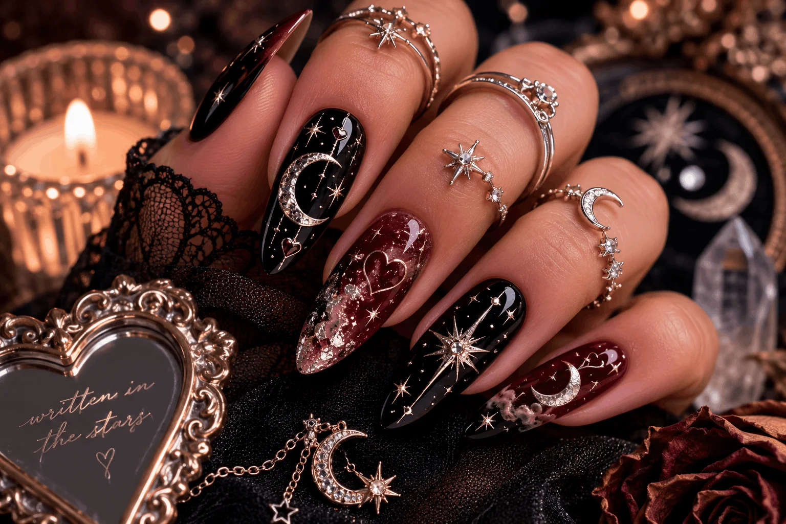 11 Dark Valentines Nails That Are Bold & Romantic 12 Celestial dark Valentine's nails with stars and moons