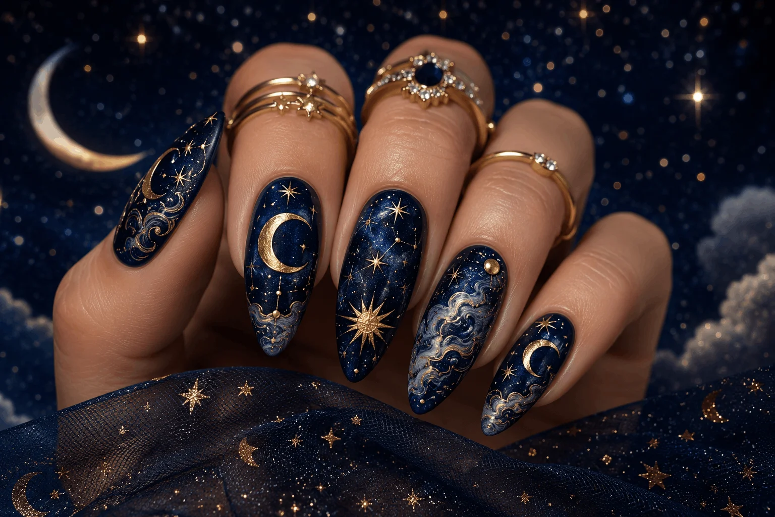 10 Goddess Nails Trends Taking Over Pinterest Now 3 Celestial goddess nails with moon and star nail art