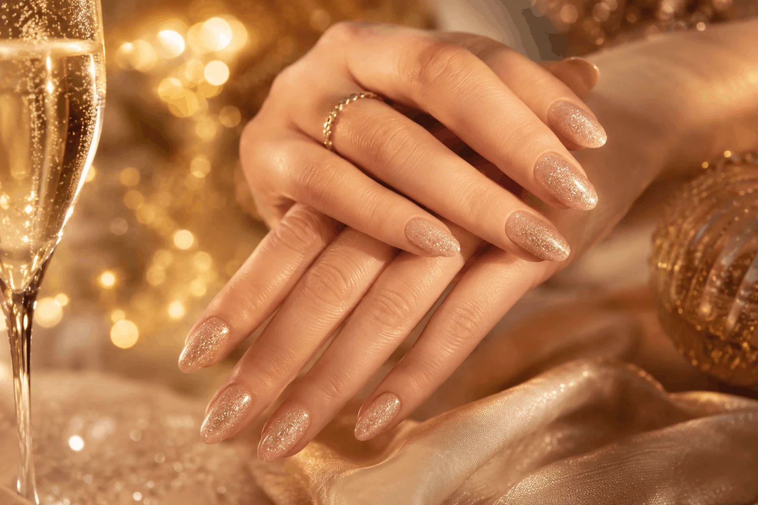 10 New Year Gel Nails That Look Instantly Chic 5 Champagne shimmer gel nails with elegant sparkle