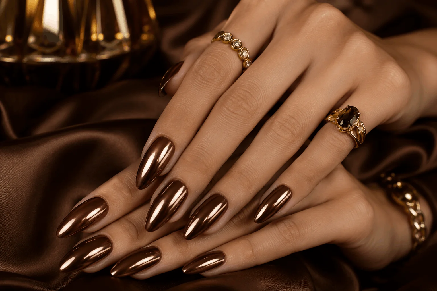 10 Brown Chrome Nails Everyone Will Save This Year 3 Chocolate brown chrome nails with luxurious metallic finish