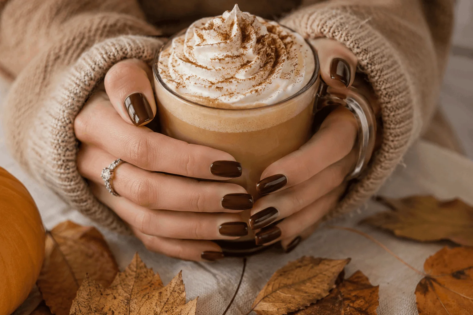 10 Fall Nail Colors Everyone Will Wear This Season 2 Chocolate brown fall nail colors with cozy autumn coffee aesthetic.