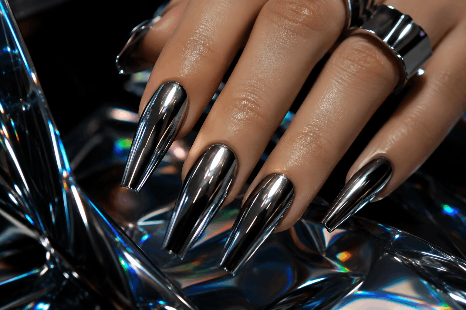 10 Black Coffin Nails That Make a Bold Statement 10 Chrome black coffin nails with reflective mirror finish