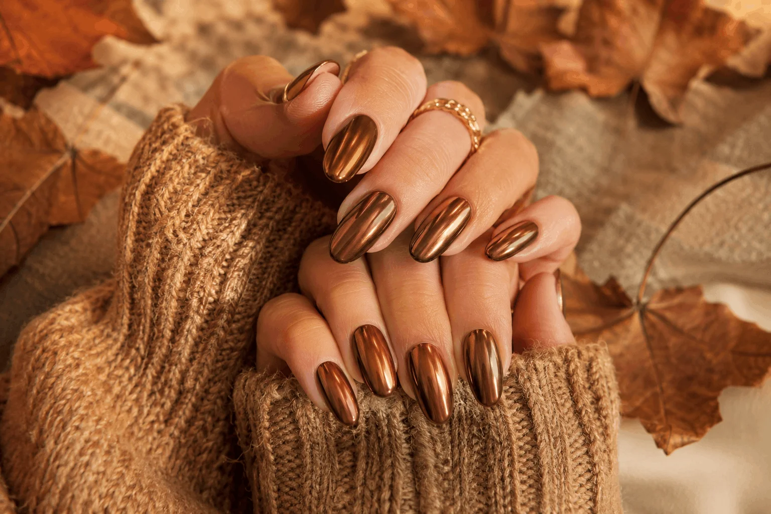 10 Fall Chrome Nails Everyone Will Copy This Season 2 Cinnamon bronze chrome nails with warm autumn styling.