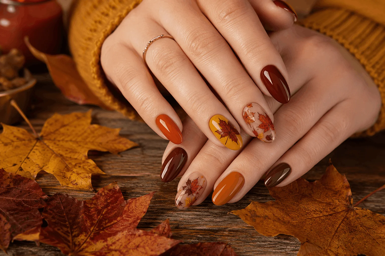 10 Thanksgiving Nail Designs That Steal the Show 2 Classic autumn leaf Thanksgiving nail designs with colorful fall foliage details