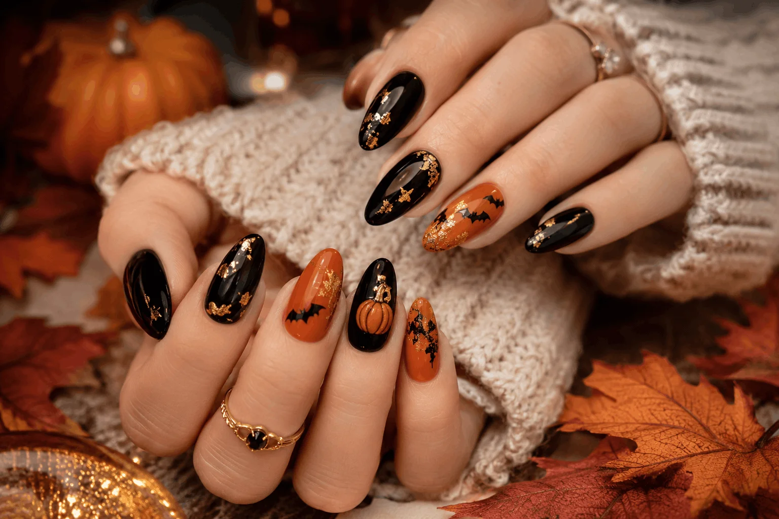 10 Halloween Acrylic Nails You'll Want This Spooky Season 2 Classic black and orange Halloween acrylic nails with pumpkins and bats.