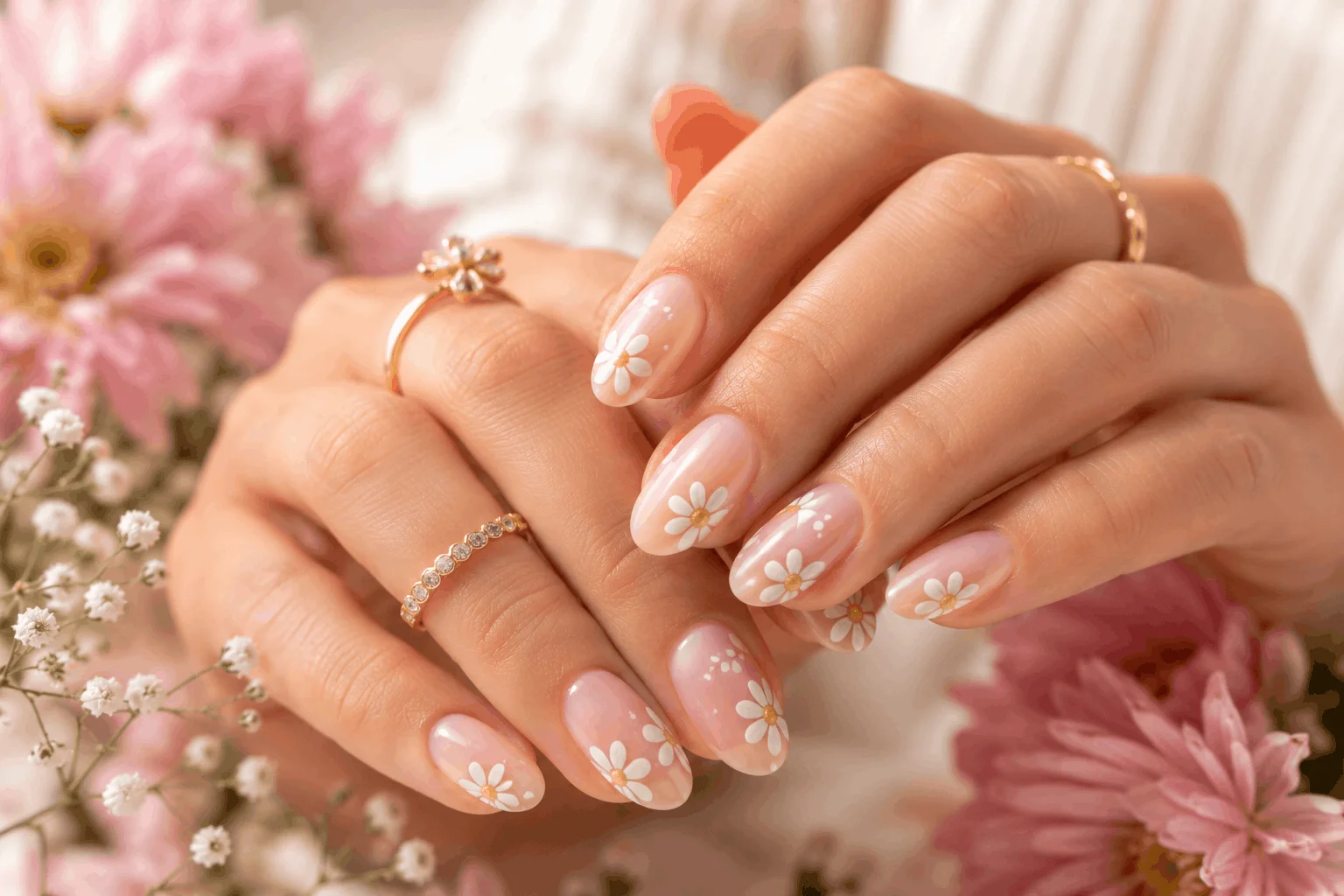 11 Spring Flower Nails Ideas for a Chic Manicure 2 Classic daisy spring flower nails on nude manicure