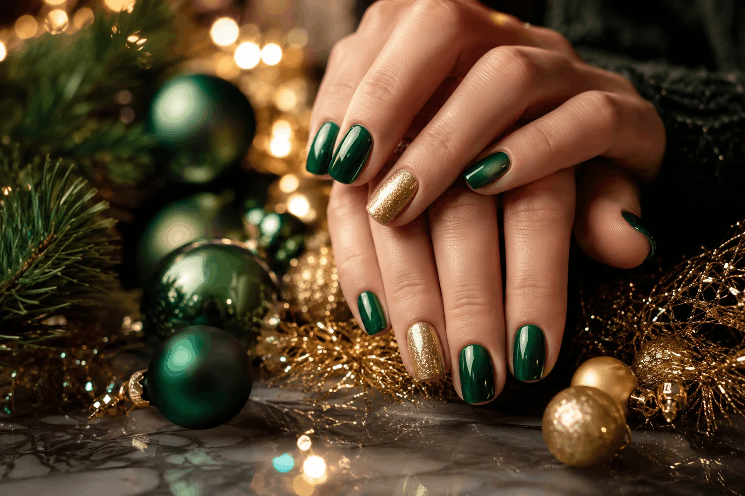 12 Green Christmas Nails That Look Pure Holiday Magic 2 Classic emerald green Christmas nails with gold accent details