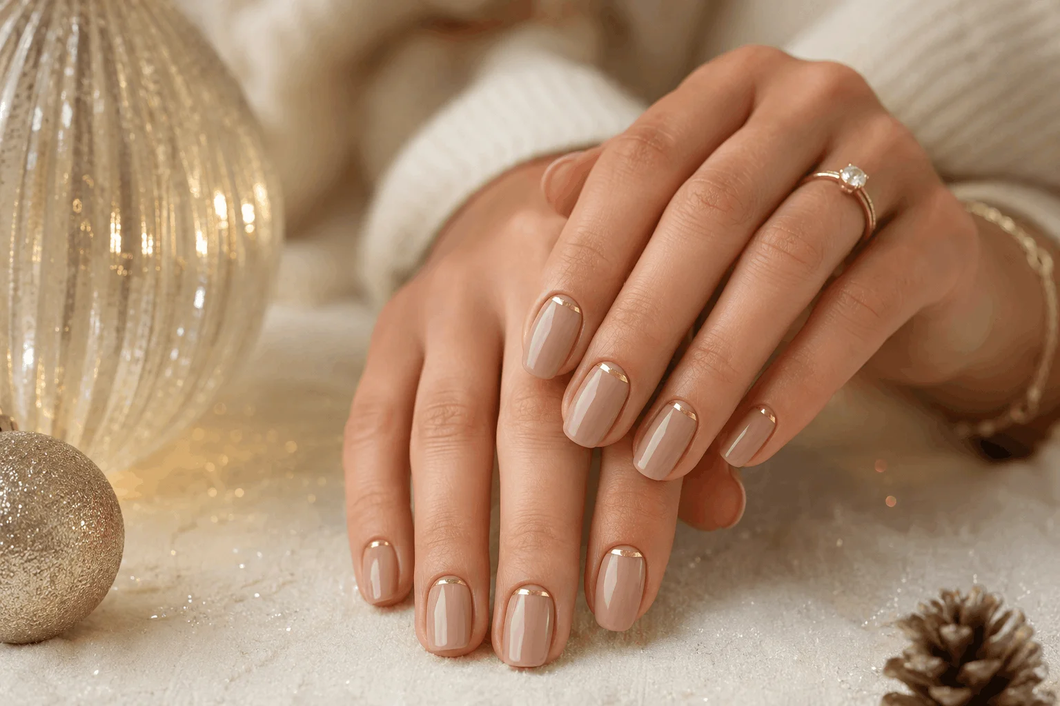 10 Simple Holiday Nails That Instantly Elevate Your Look 2 Classic nude holiday nails with elegant gold accents
