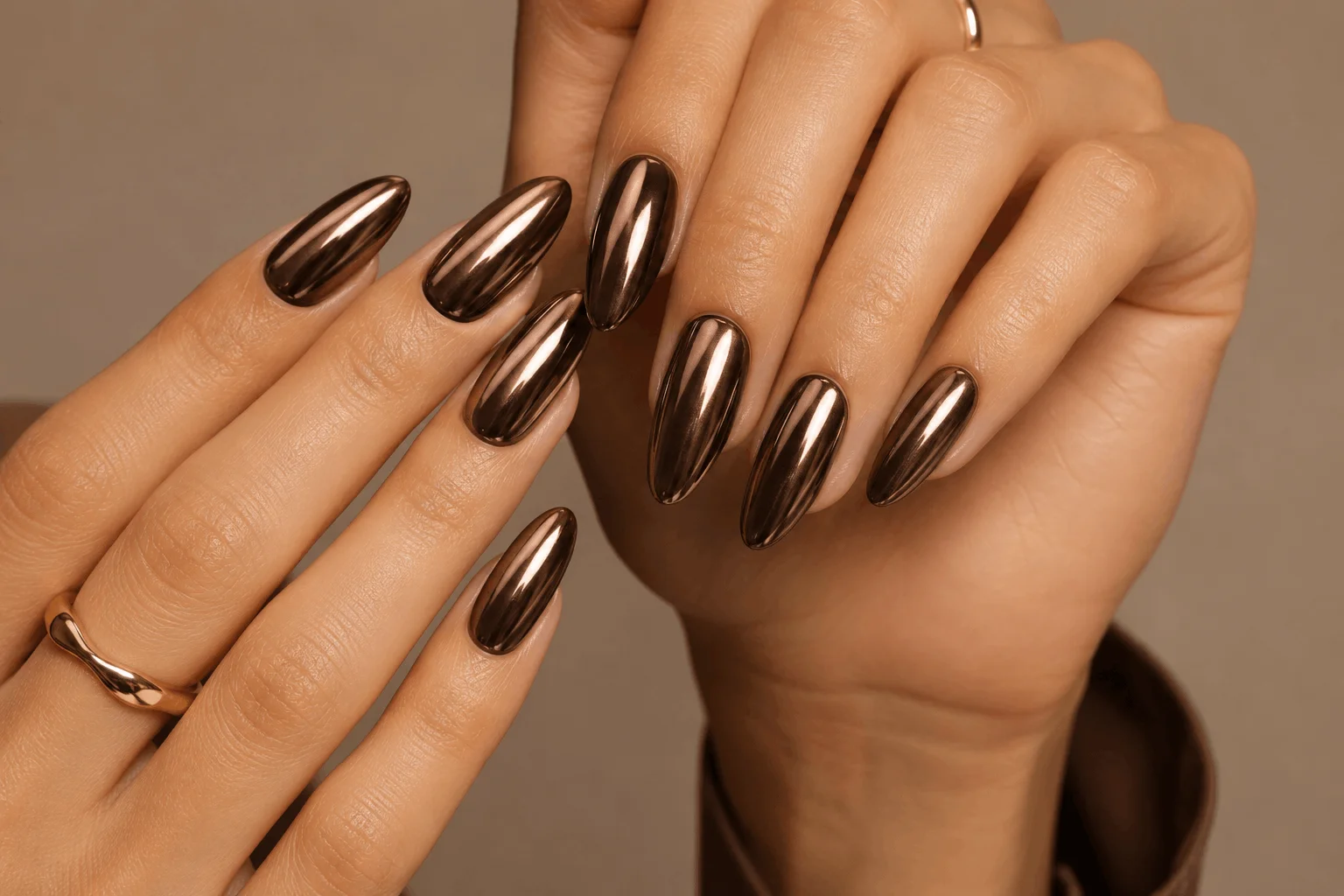 10 Brown Chrome Nails Everyone Will Save This Year 2 Classic rich brown chrome nails with glossy metallic shine