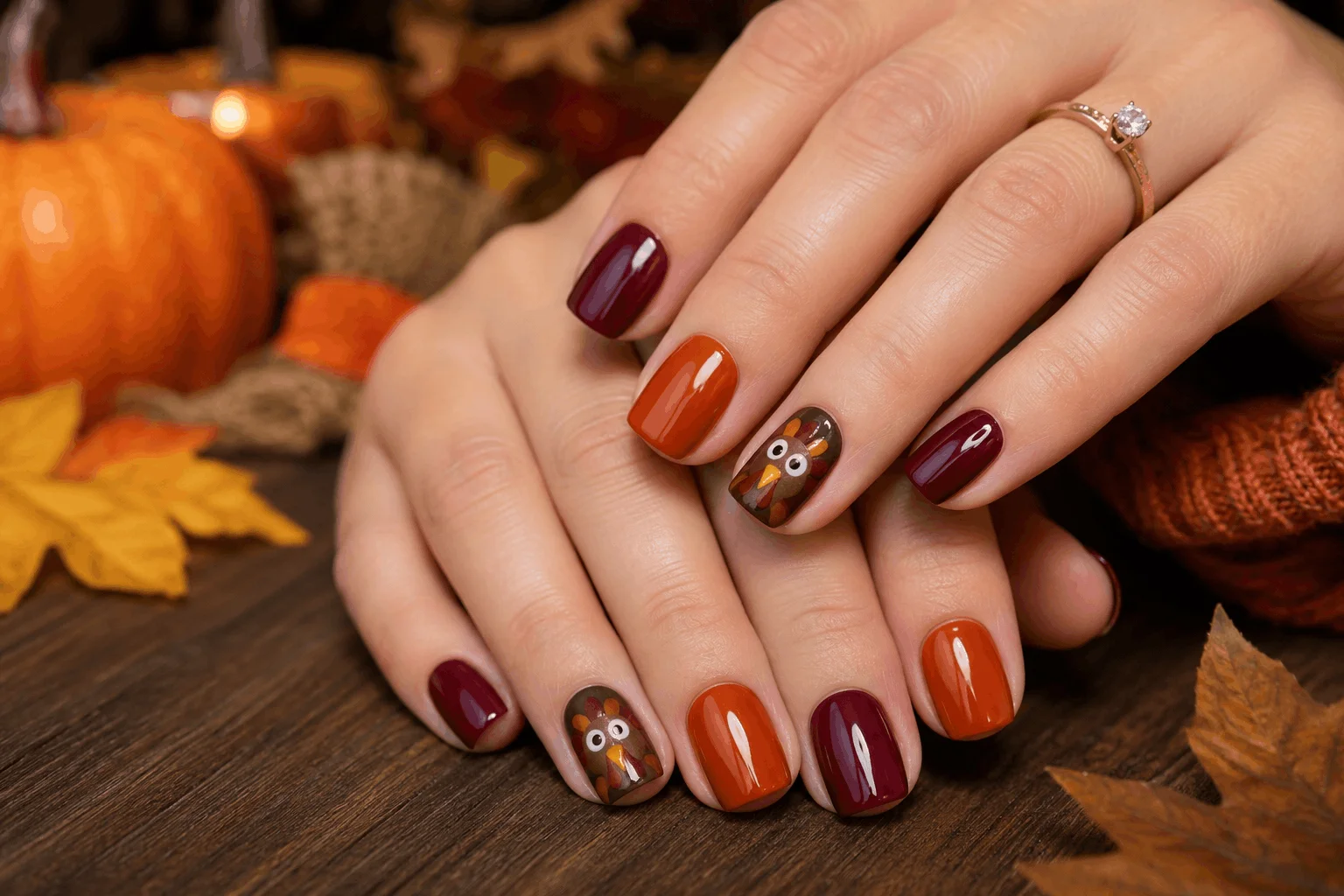 12 Turkey Nails That Will Steal Thanksgiving Attention 2 Classic turkey face accent nail design for Thanksgiving