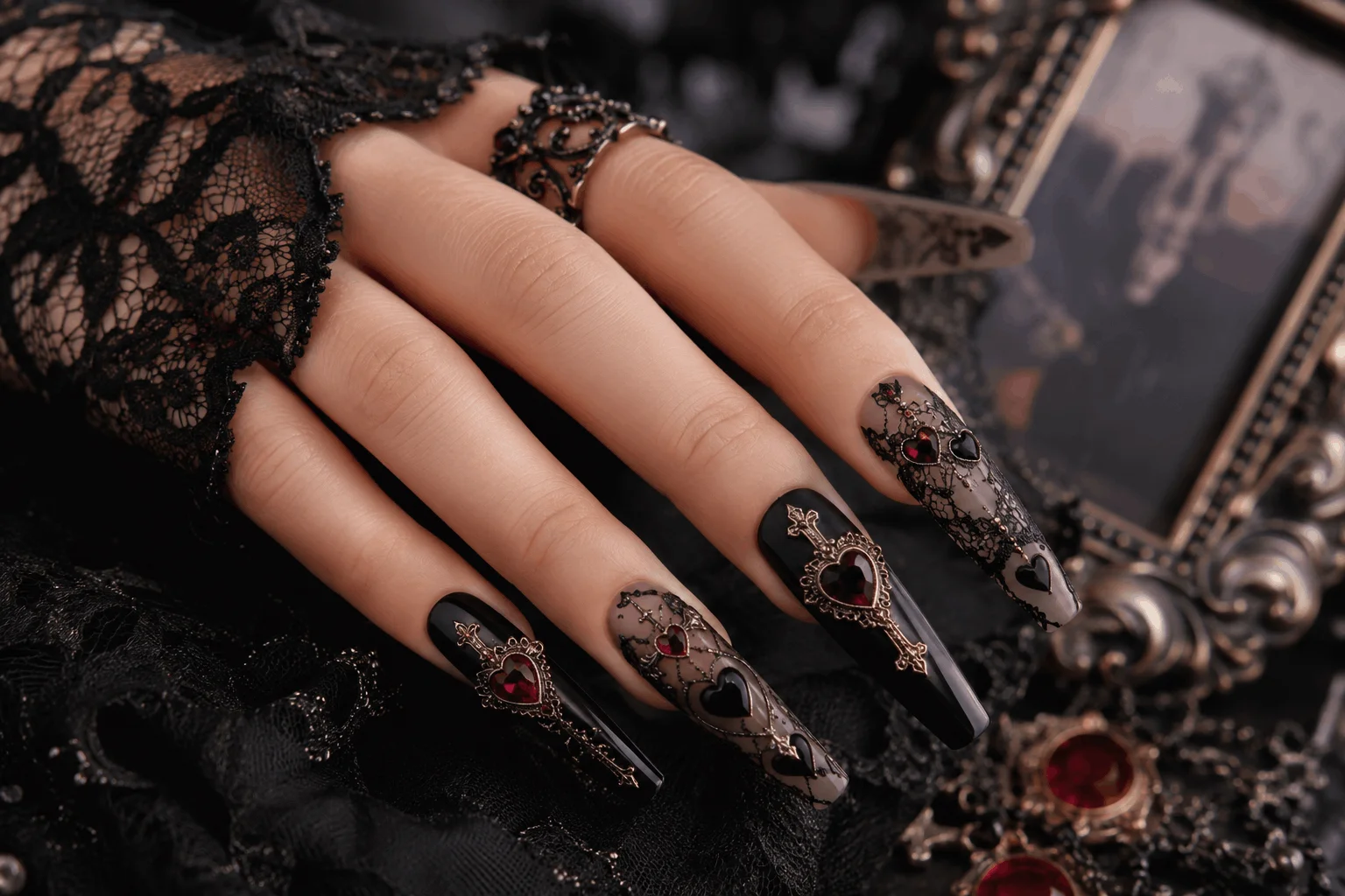 10 Romantic Gothic Nails for a Bold Valentine Statement 9 Coffin-shaped romantic gothic nails