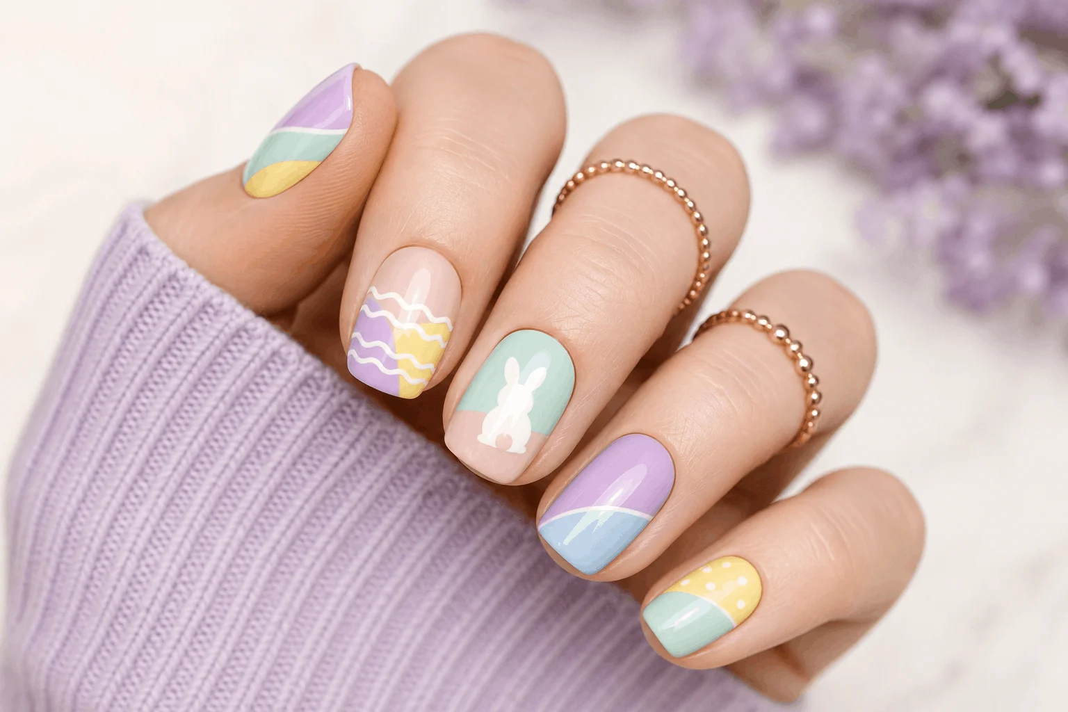 11 Cute Spring Nails and Easter Bunny Looks 9 Color block pastel Easter nail design.