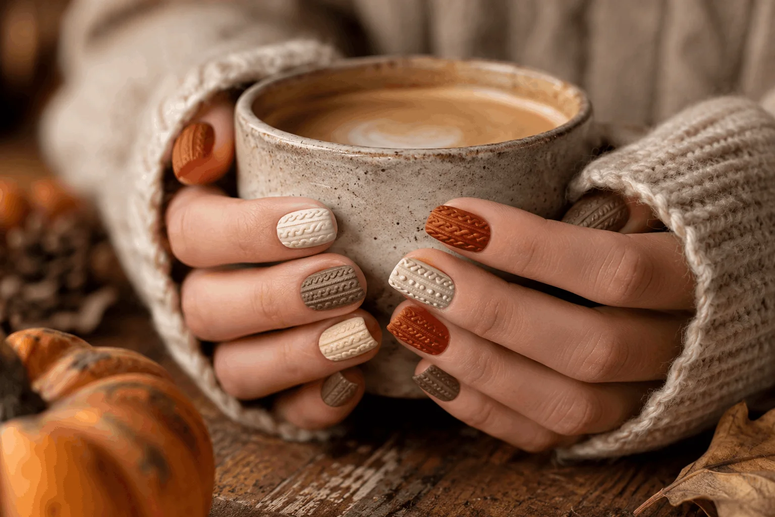 10 Thanksgiving Nail Designs That Steal the Show 8 Cozy sweater pattern nails perfect for Thanksgiving season