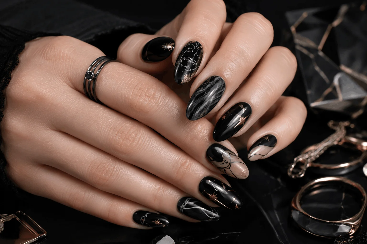 10 Black Coffin Nails That Make a Bold Statement 11 Creative artistic black nail designs with abstract patterns