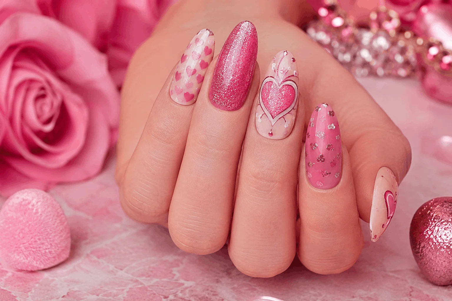 10 Cute Pink Valentines Nails for a Romantic Look 11 Creative heart nail art ideas in pink tones