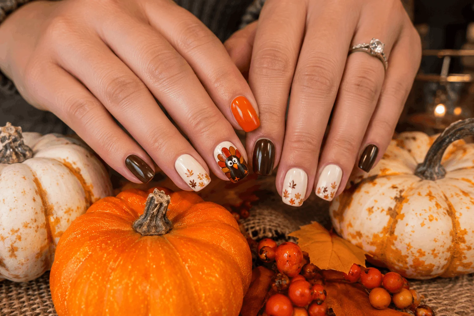 10 Thanksgiving Nail Designs That Steal the Show 5 Cute Thanksgiving nails with stylish turkey nail art accents