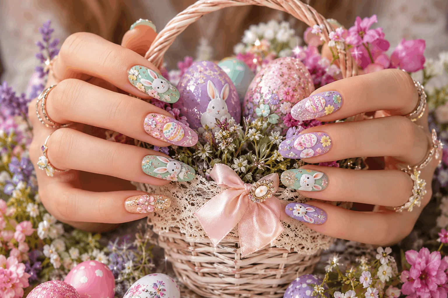 11 Cute Pastel Easter Nails for a Fresh Spring Look 11 Cute pastel Easter nails with glitter and Easter art
