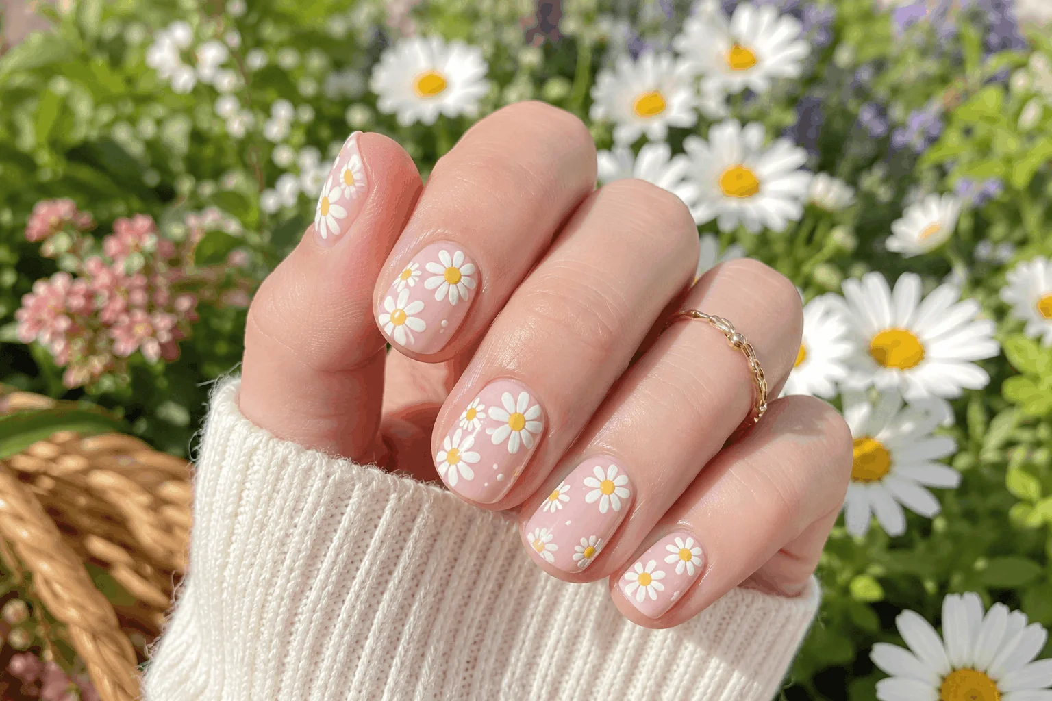 11 Cute Spring Nails and Easter Bunny Looks 7 Cute spring nails with white daisy nail art.
