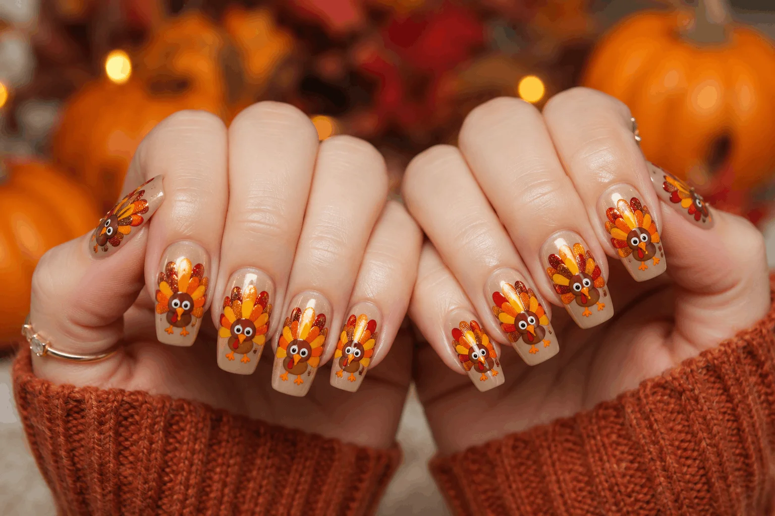 12 Turkey Nails That Will Steal Thanksgiving Attention 3 Cute turkey nails with colorful feather nail art
