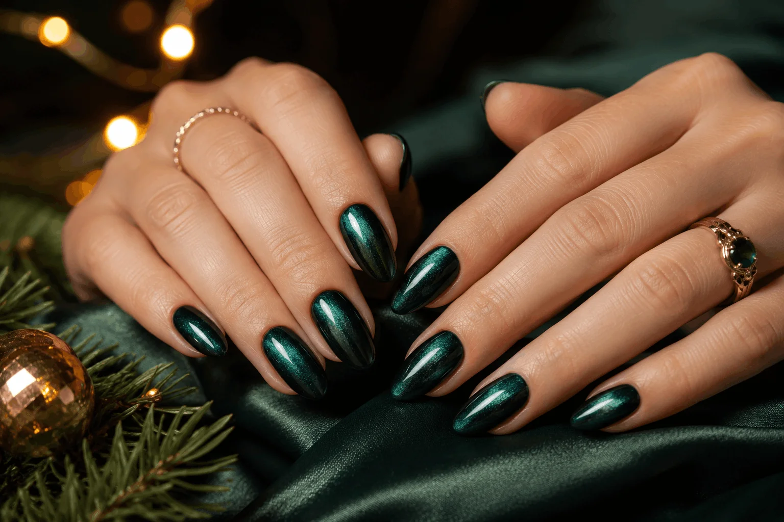 12 Green Christmas Nails That Look Pure Holiday Magic 12 Dark green velvet Christmas nails with luxurious shimmer effect