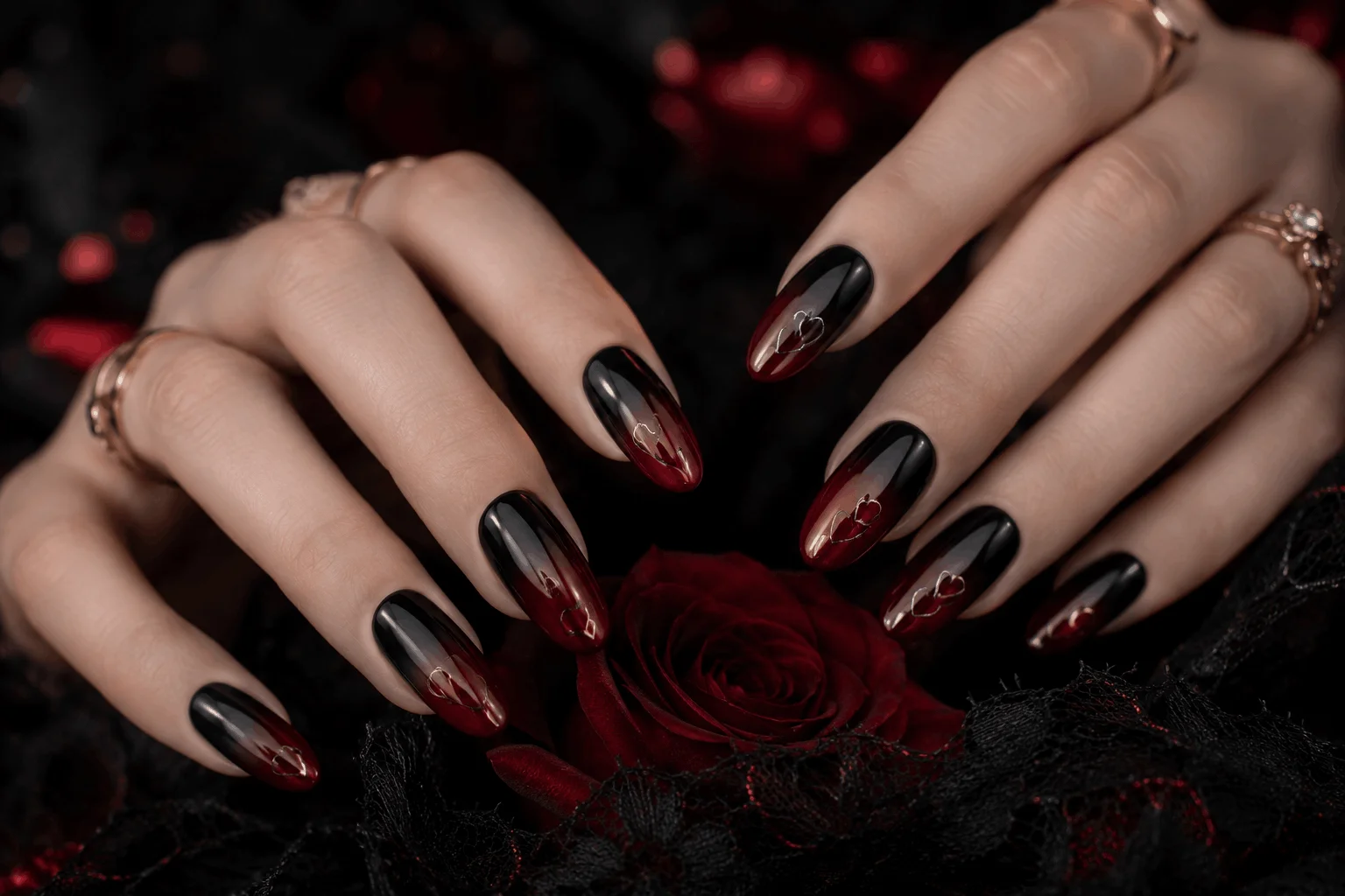10 Romantic Gothic Nails for a Bold Valentine Statement 12 Dark red ombre gothic Valentine's nails