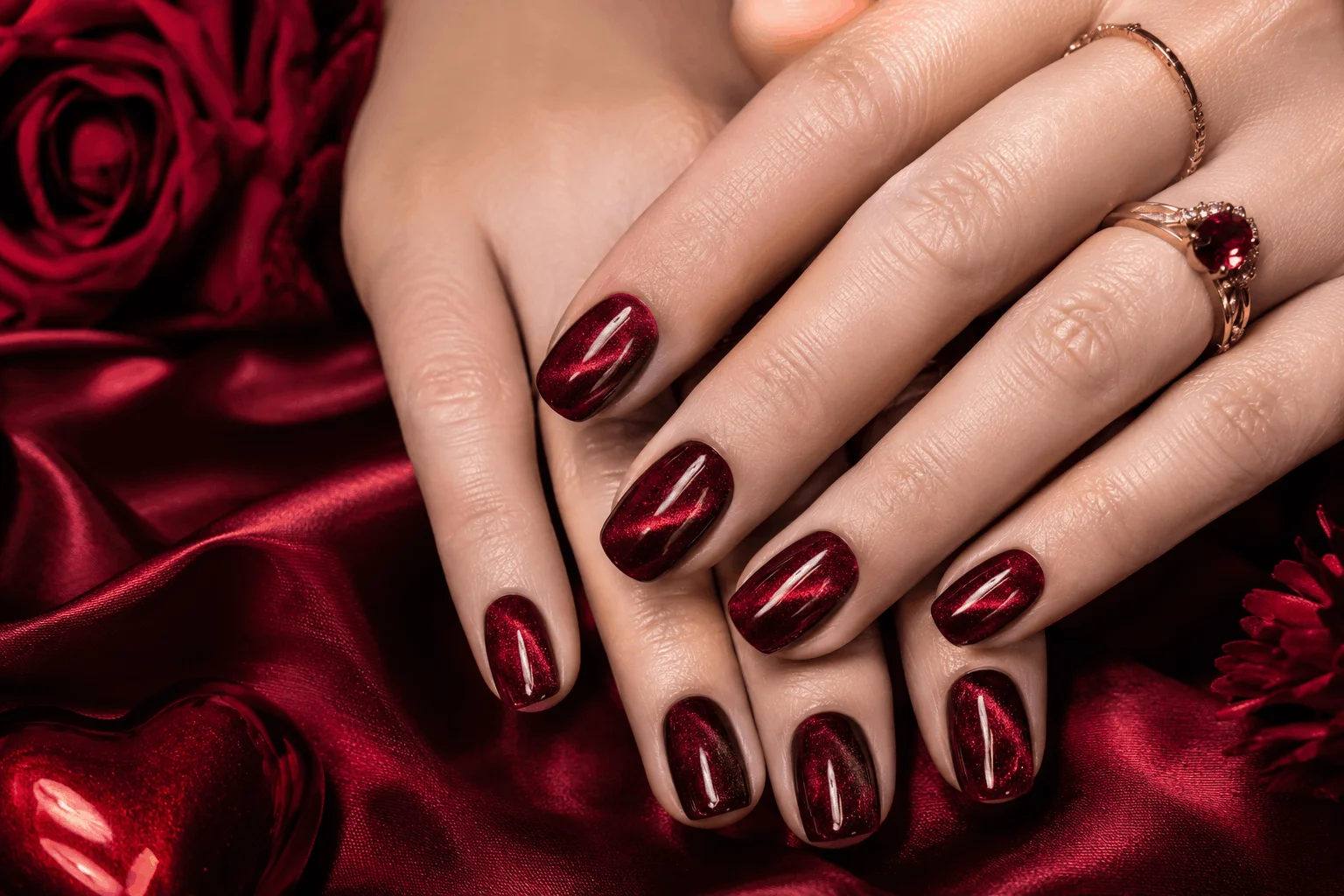 11 Dark Valentines Nails That Are Bold & Romantic 5 Dark red velvet nails with magnetic shimmer effect