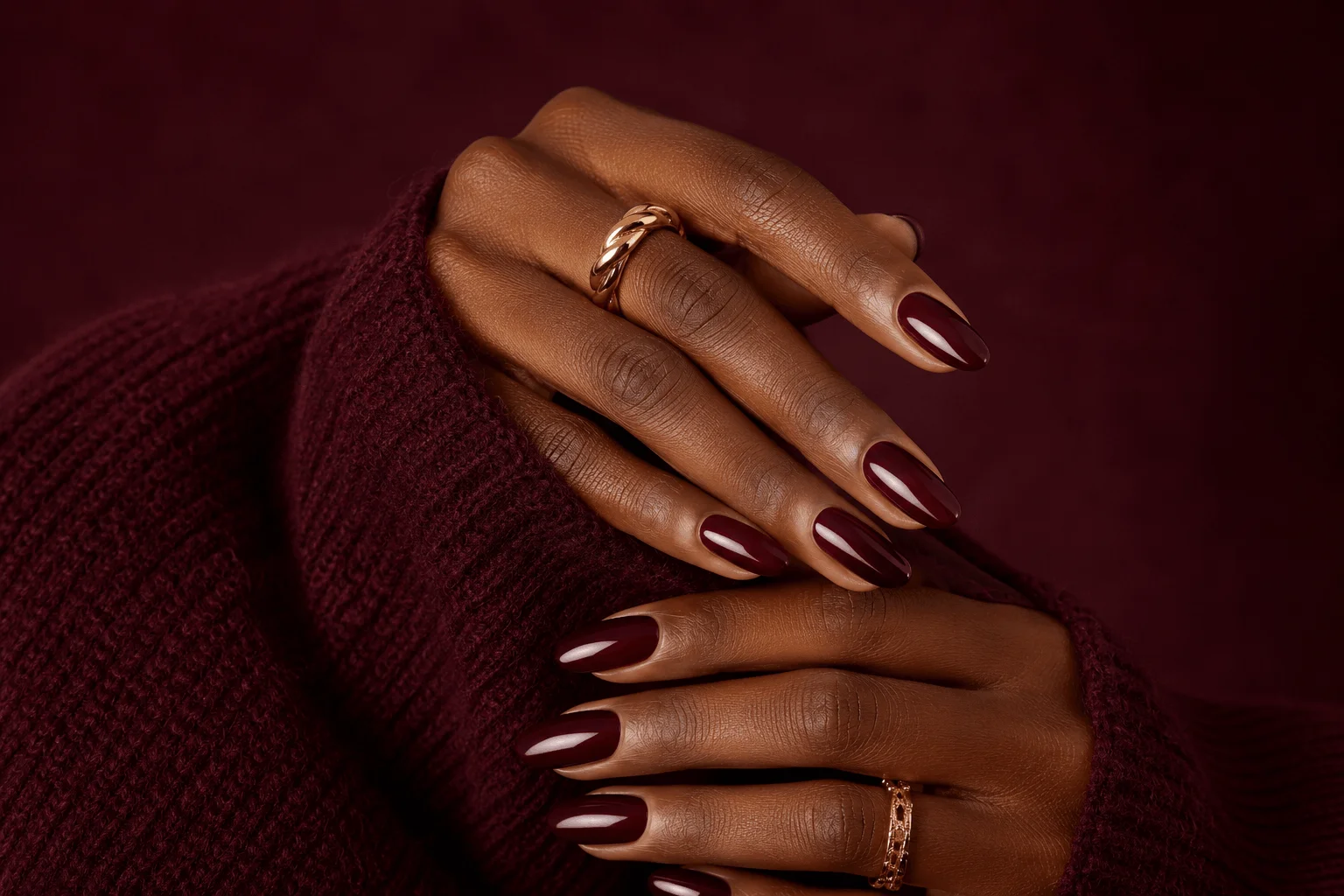 10 Bold Red Nails Black Women Are Obsessed With 11 Deep burgundy red nails on dark skin woman